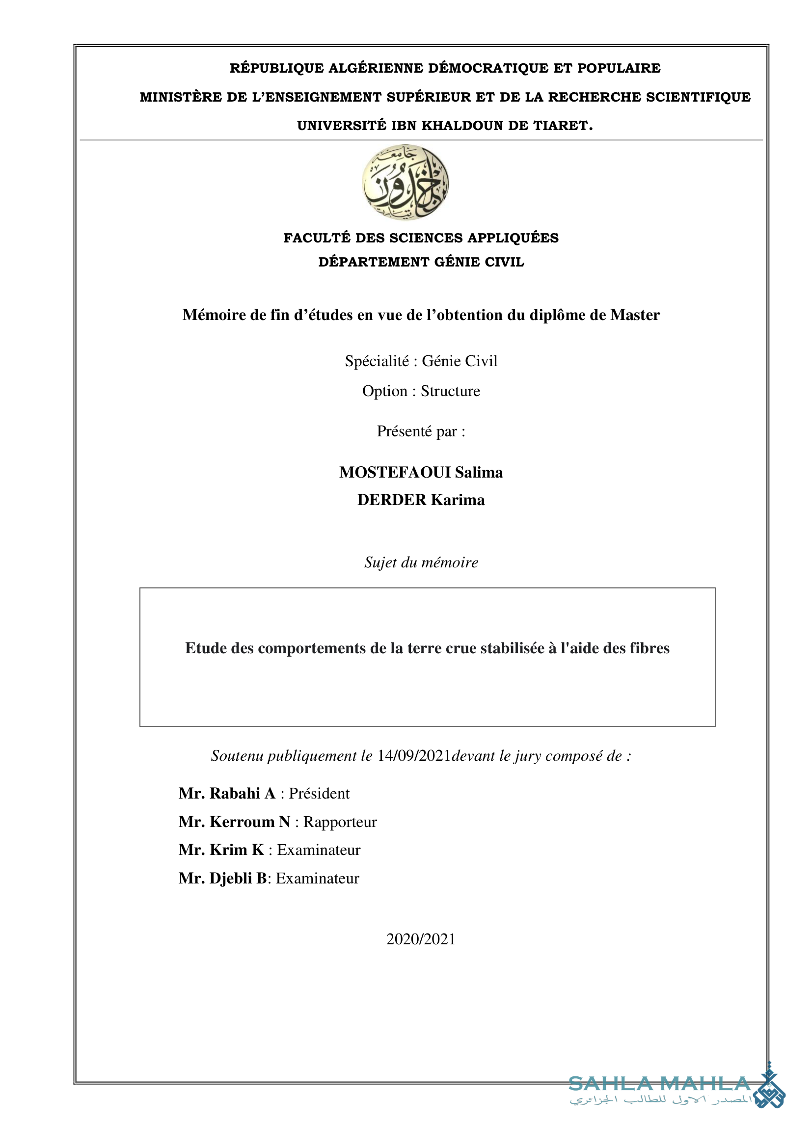Etude des comportements de la terre crue stabilisée à l'aide des fibres