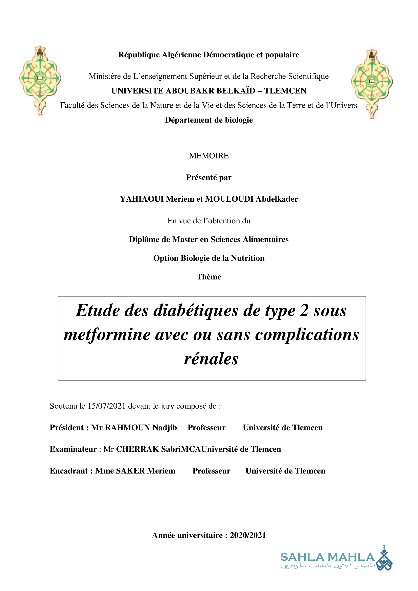 Etude des diabétiques de type 2 sous metformine avec ou sans complications rénales