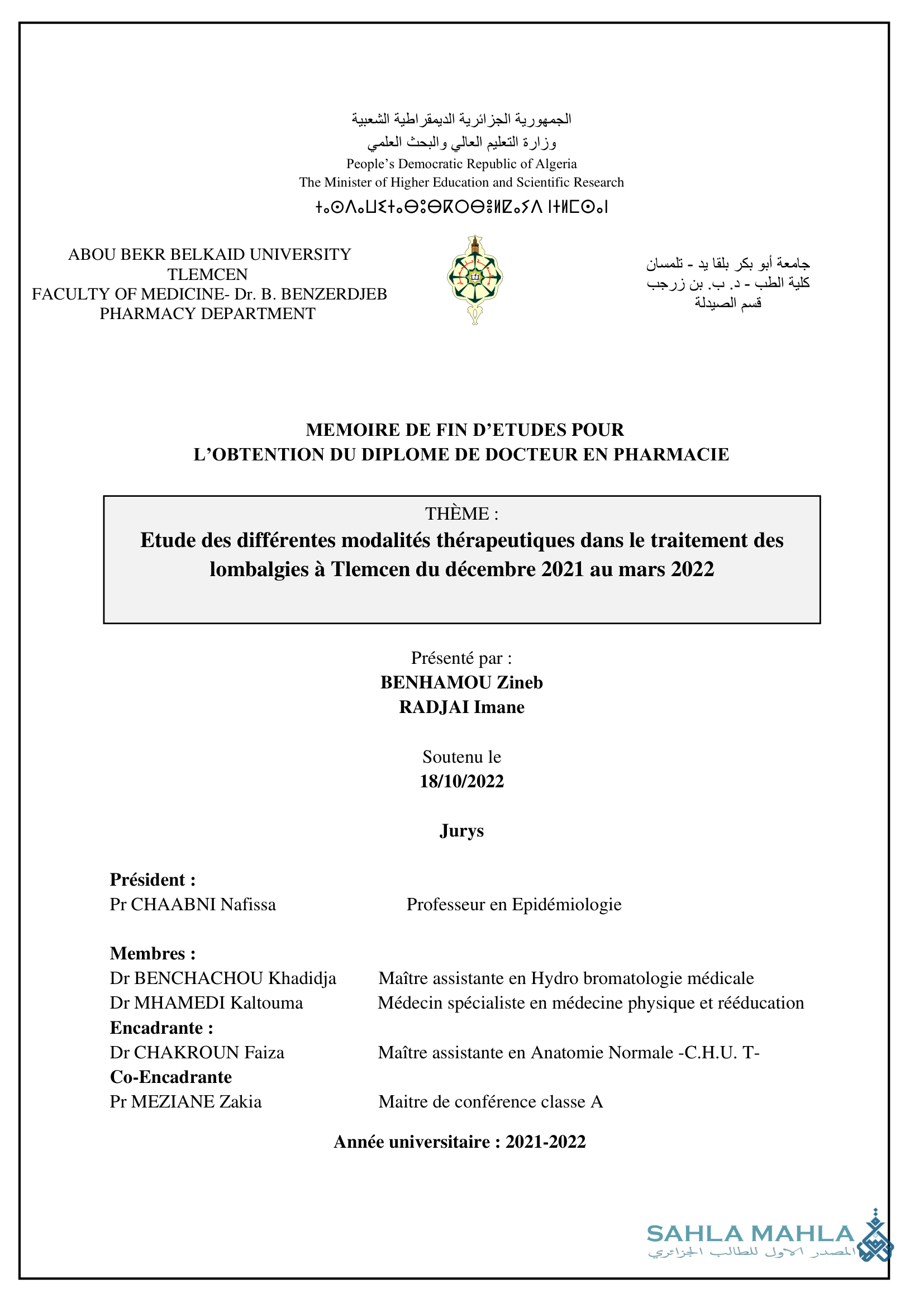 Etude des différentes modalités thérapeutiques dans le traitement des lombalgies à Tlemcen du décembre 2021 au mars 2022