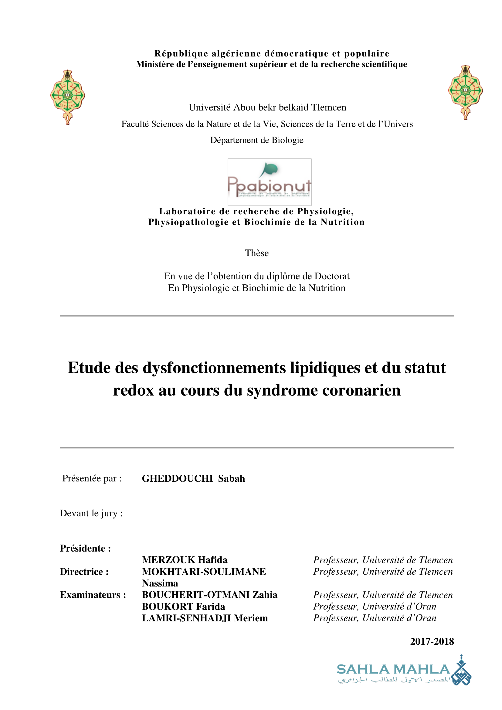 Etude des dysfonctionnements lipidiques et du statut redox au cours du syndrome coronarien