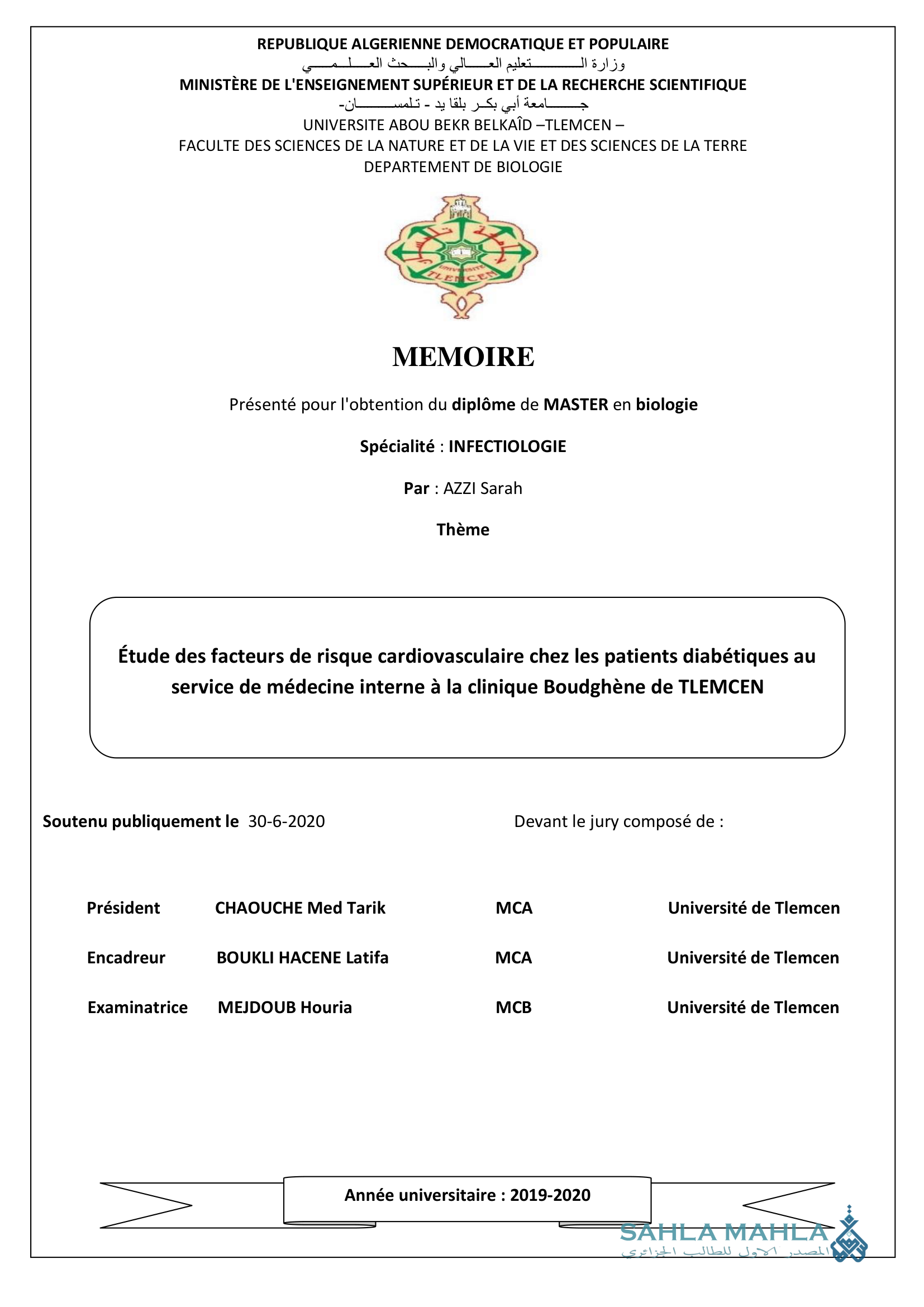Étude des facteurs de risque cardiovasculaire chez les patients diabétiques au service de médecine interne à la clinique Boudghène de TLEMCEN