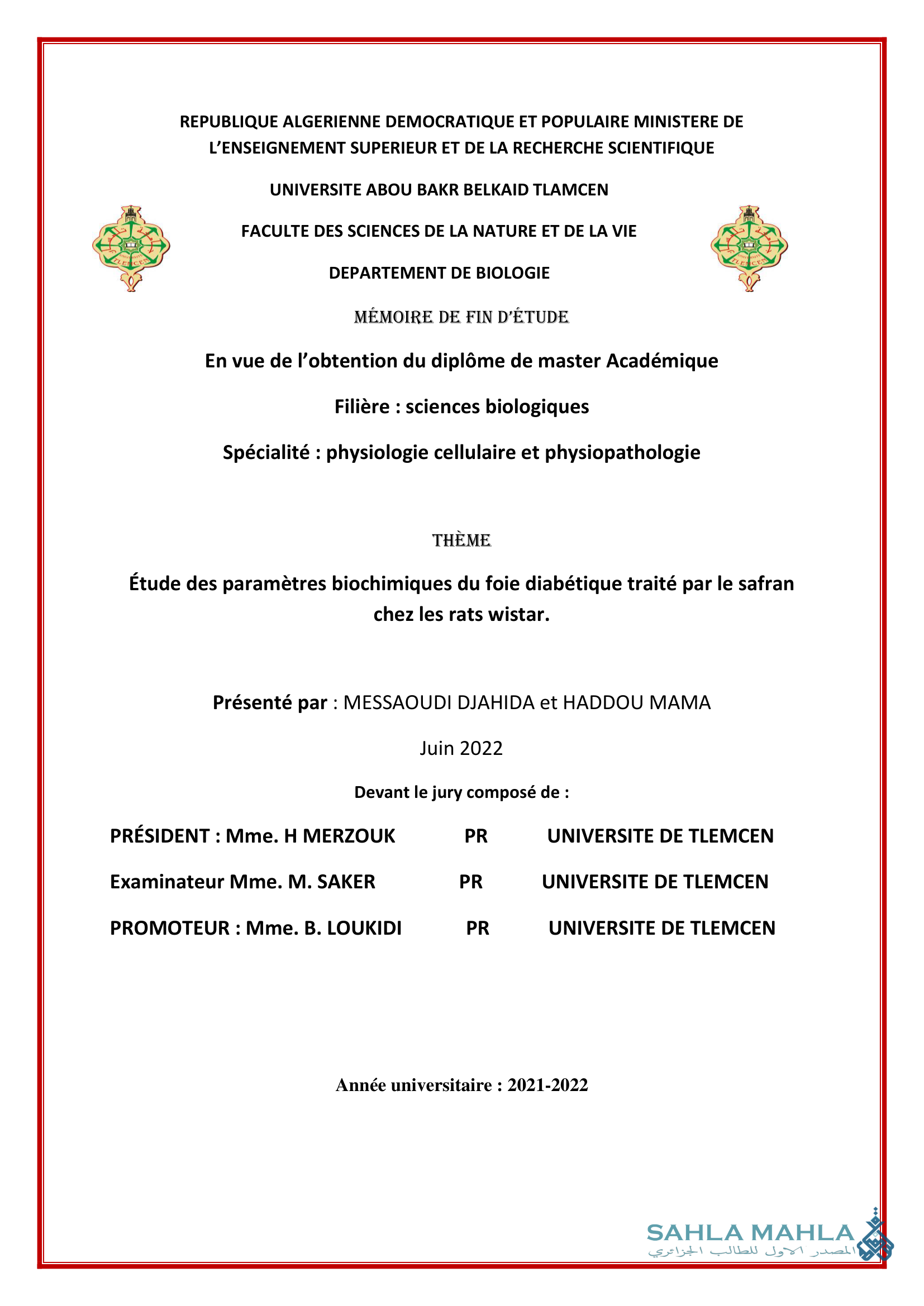 Étude des paramètres biochimiques du foie diabétique traité par le safran chez les rats wistar.
