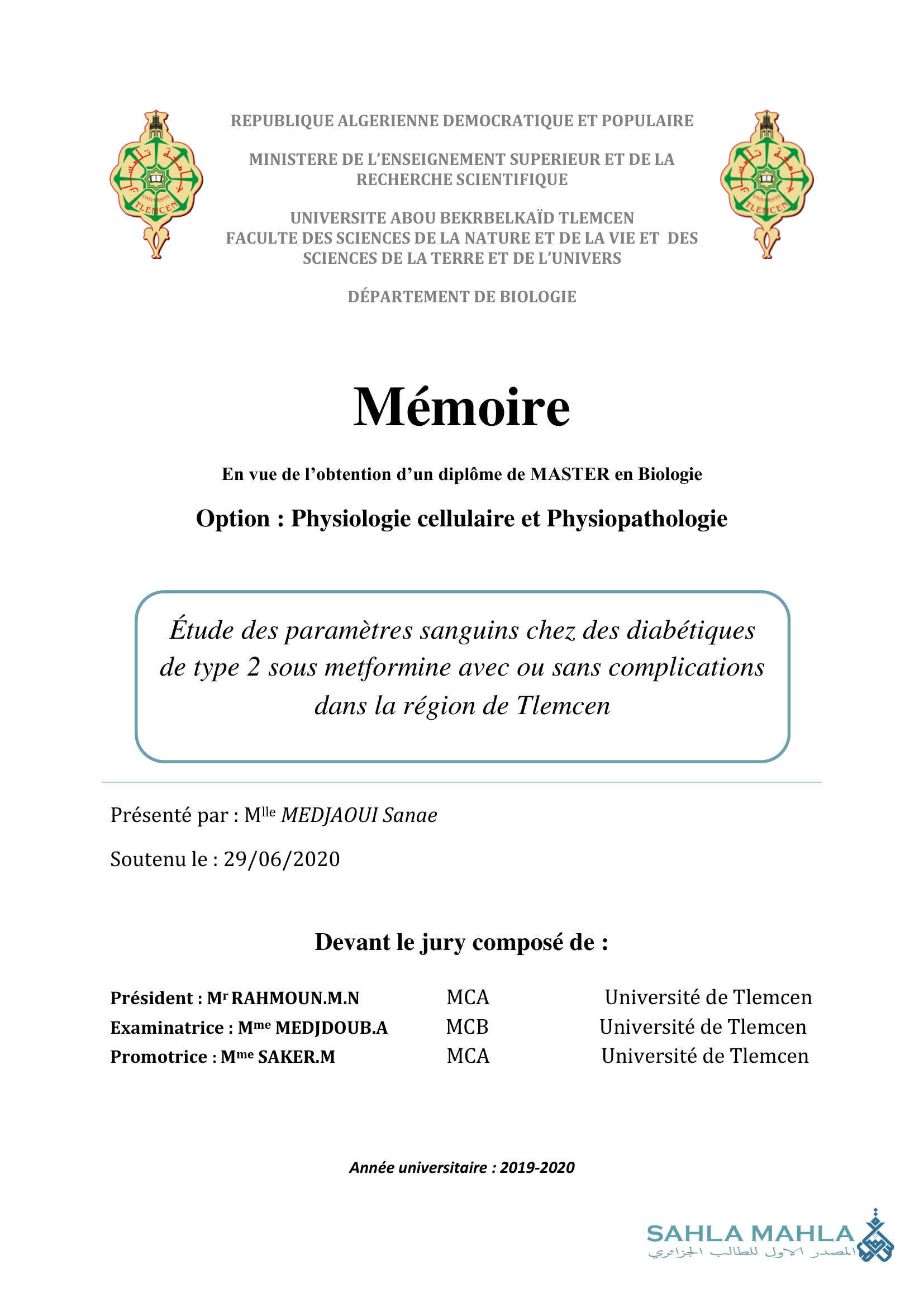 Étude des paramètres sanguins chez des diabétiques de type 2 sous metformine avec ou sans complications dans la région de Tlemcen