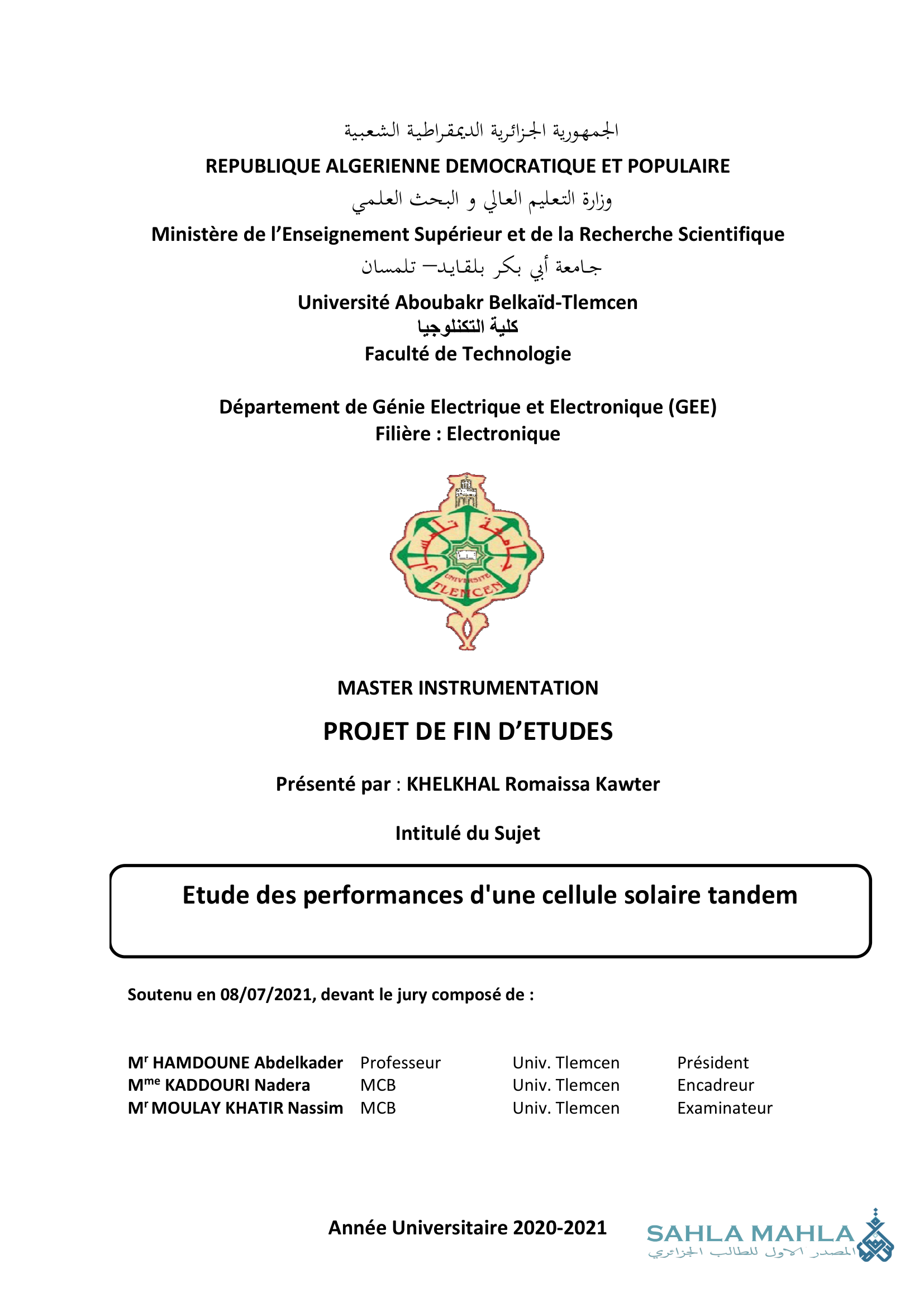 Etude des performances d'une cellule solaire tandem