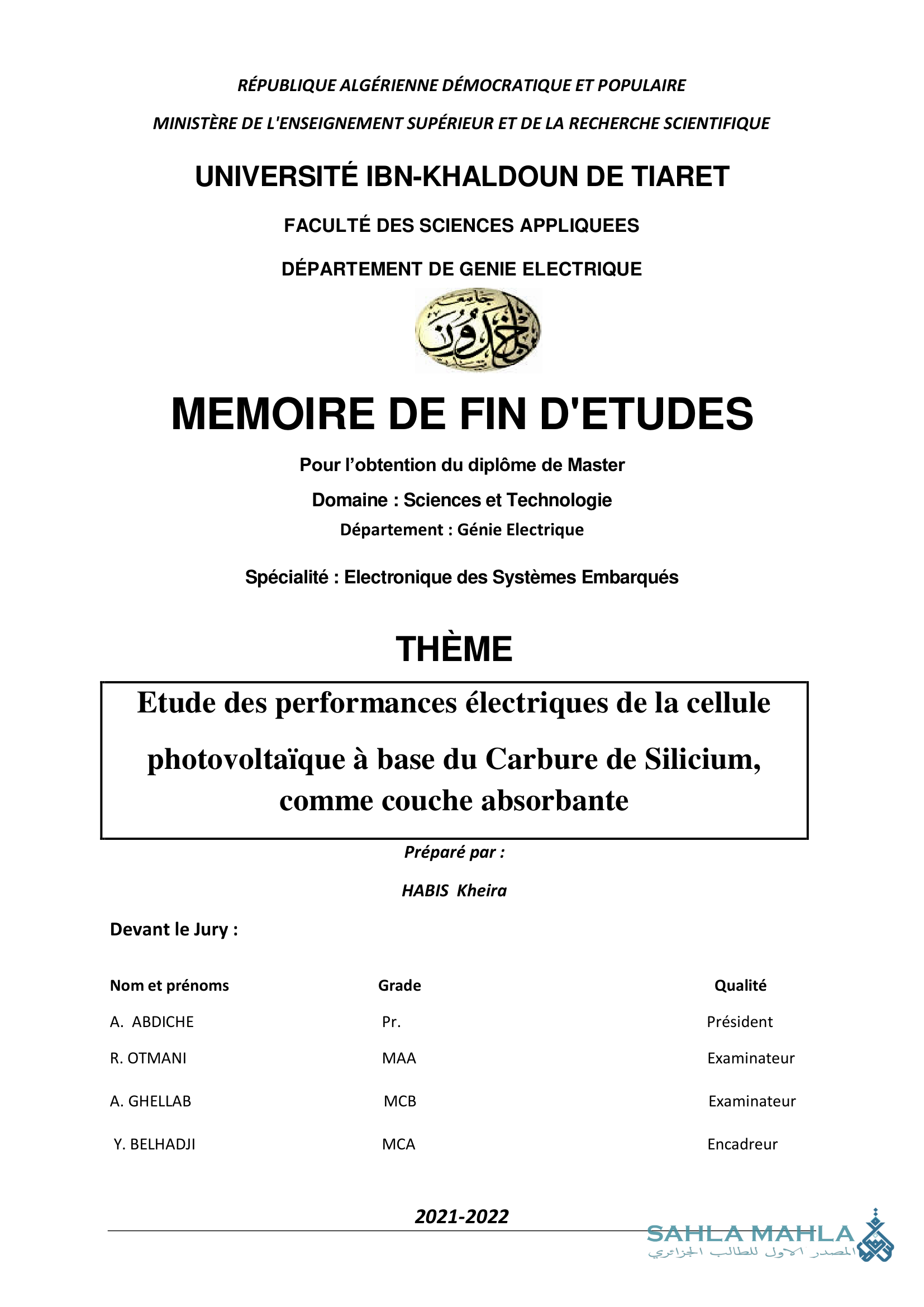 Etude des performances électriques de la cellule photovoltaïque à base du Carbure de Silicium, comme couche absorbante
