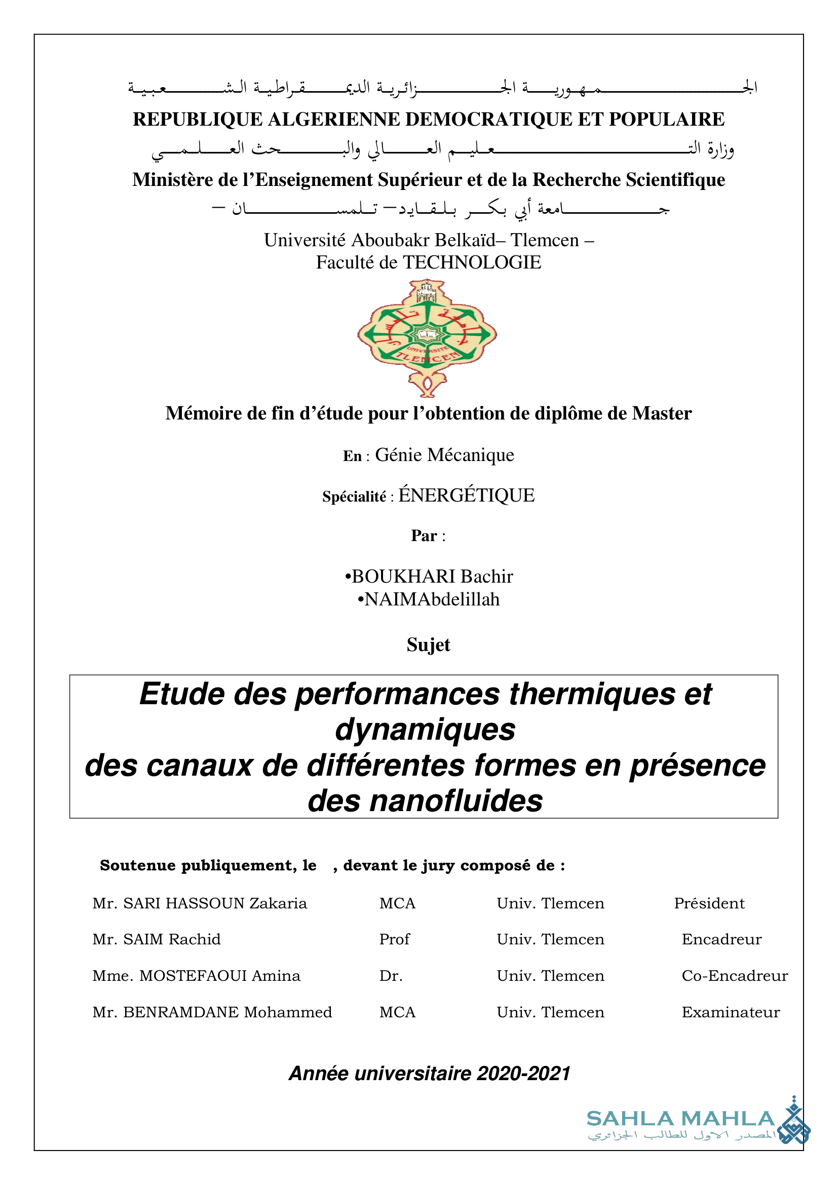 Etude des performances thermiques et dynamiques des canaux de différentes formes en présence des nanofluides
