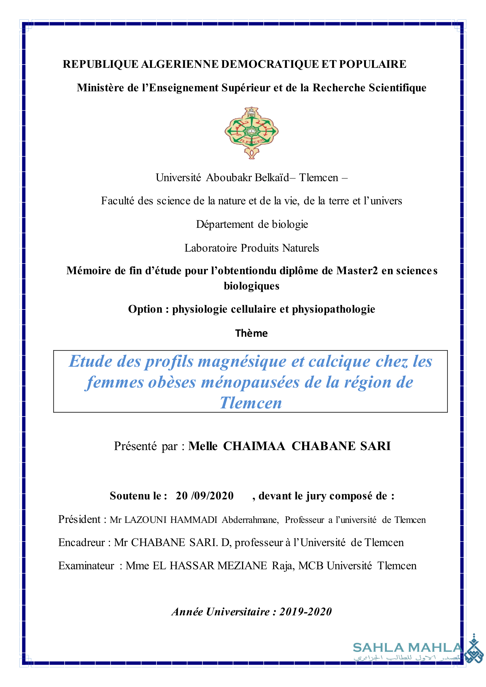 Etude des profils magnésique et calcique chez les femmes obèses ménopausées de la région de Tlemcen