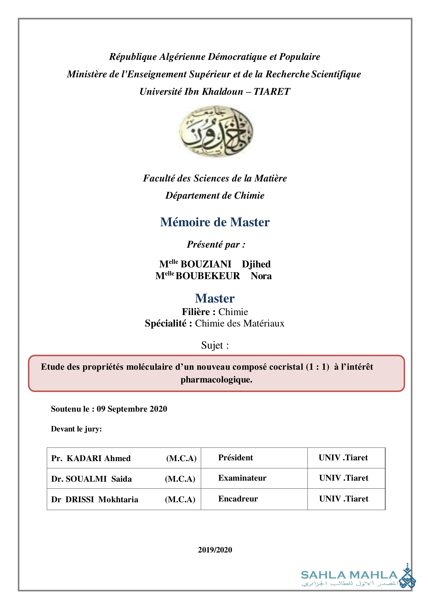 Etude des propriétés moléculaire d'un nouveau composé cocristal (1 : 1) à l'intérêt pharmacologique.
