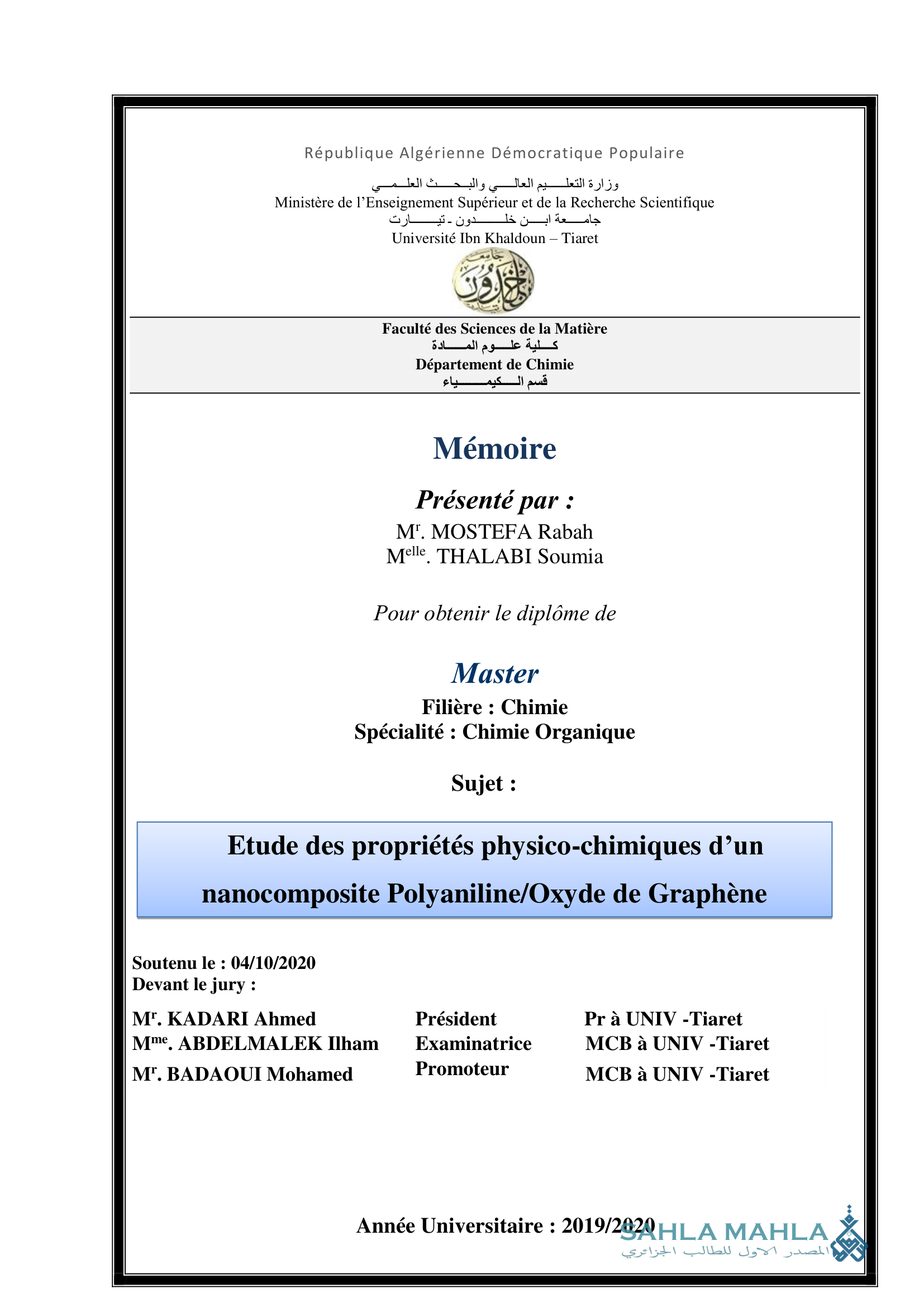Etude des propriétés physico-chimiques d'un nanocomposite Polyaniline/Oxyde de Graphène