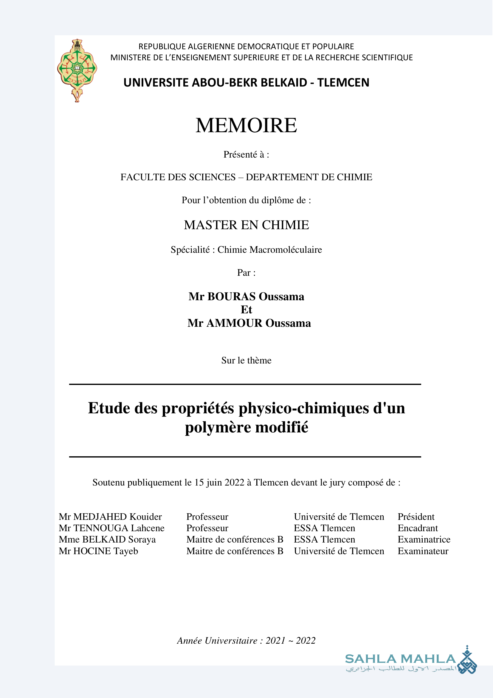 Etude des propriétés physico-chimiques d'un polymère modifié