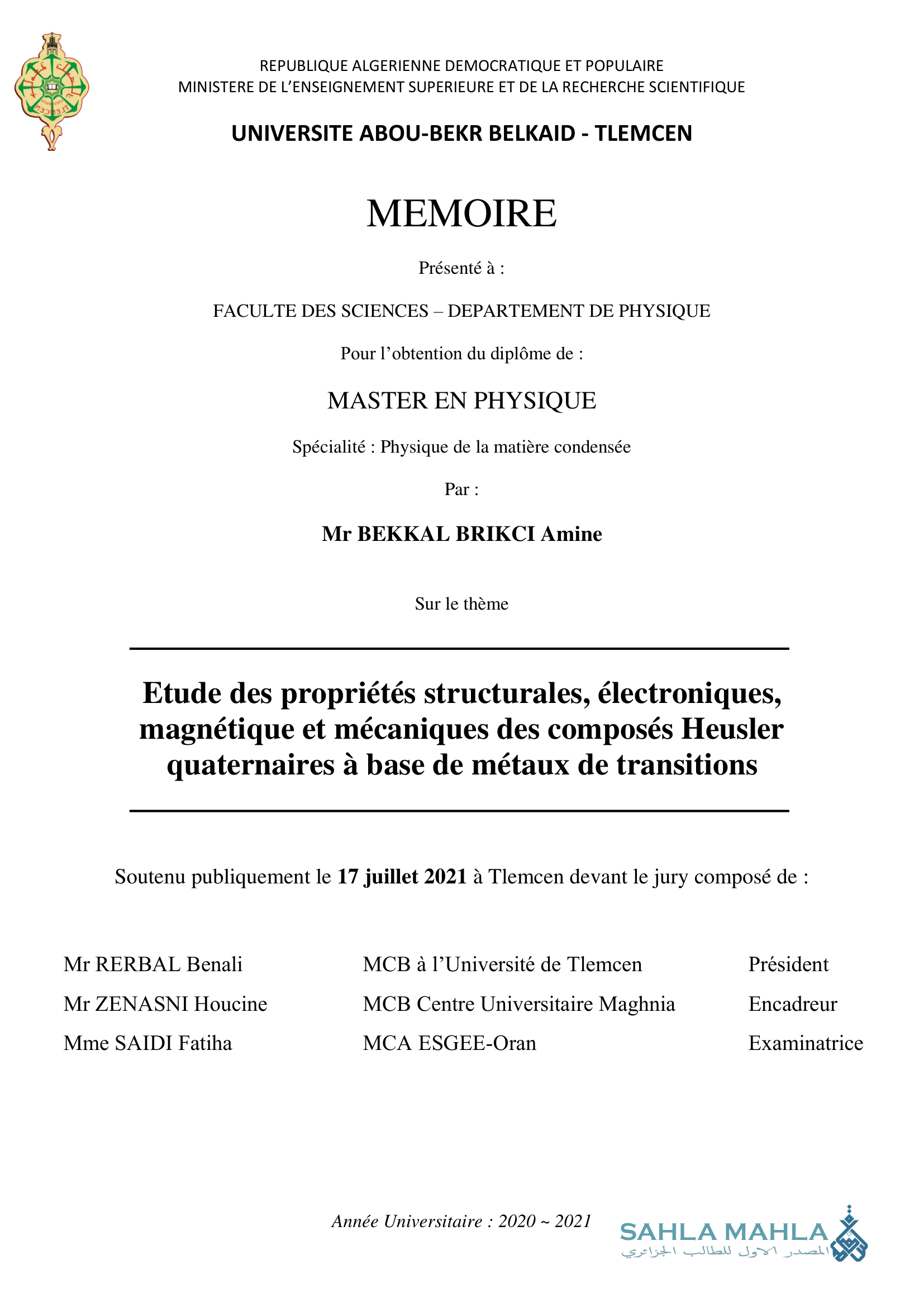 Etude des propriétés structurales, électroniques, magnétique et mécaniques des composés Heusler quaternaires à base de métaux de transitions
