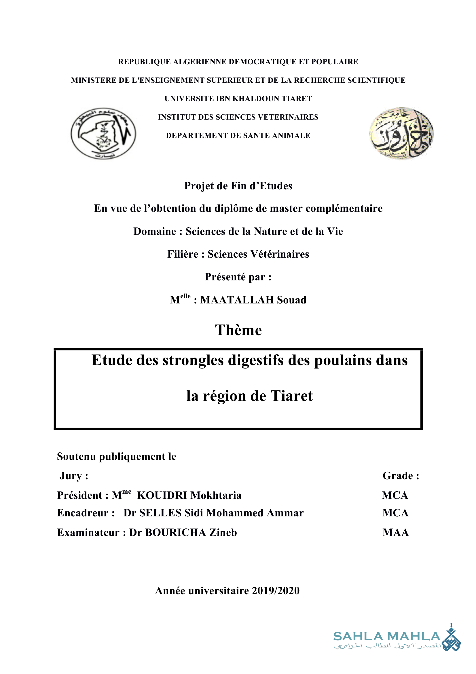 Etude des strongles digestifs des poulains dans la région de Tiaret