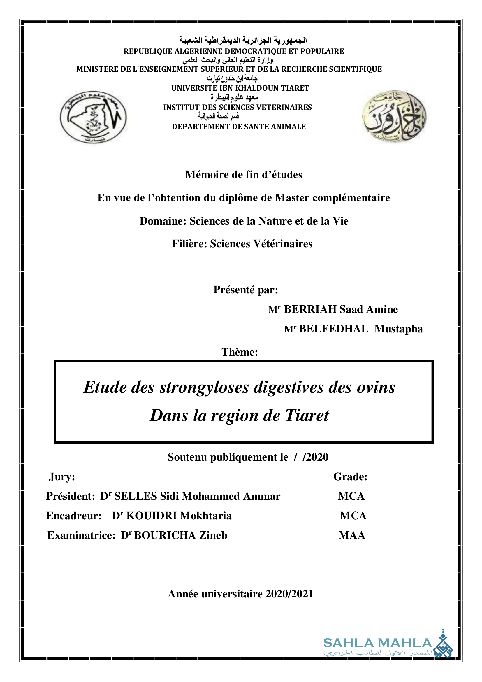 Etude des strongyloses digestives des ovins Dans la region de Tiaret