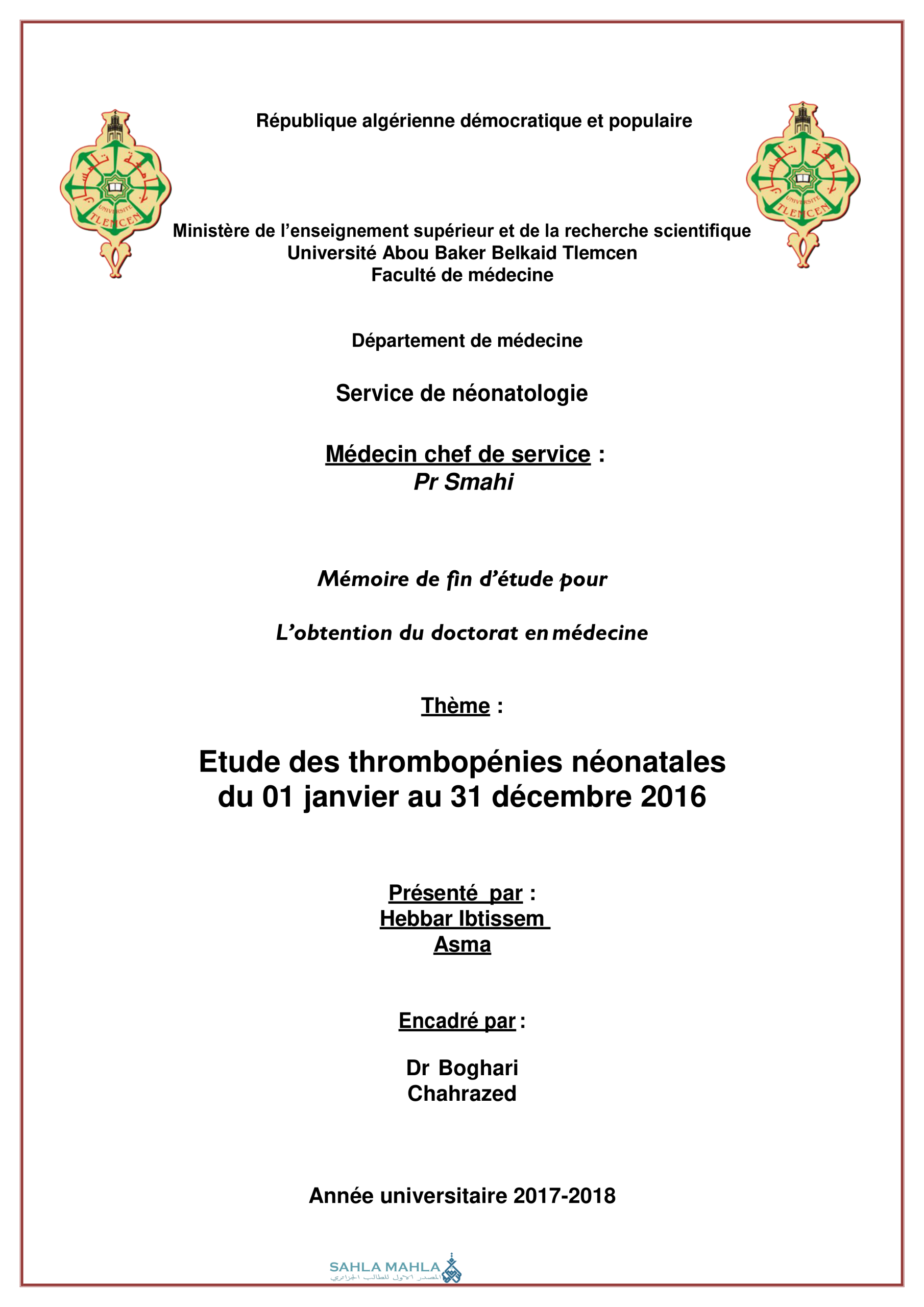 Etude des thrombopénies néonatales du 01 janvier au 31 décembre 2016