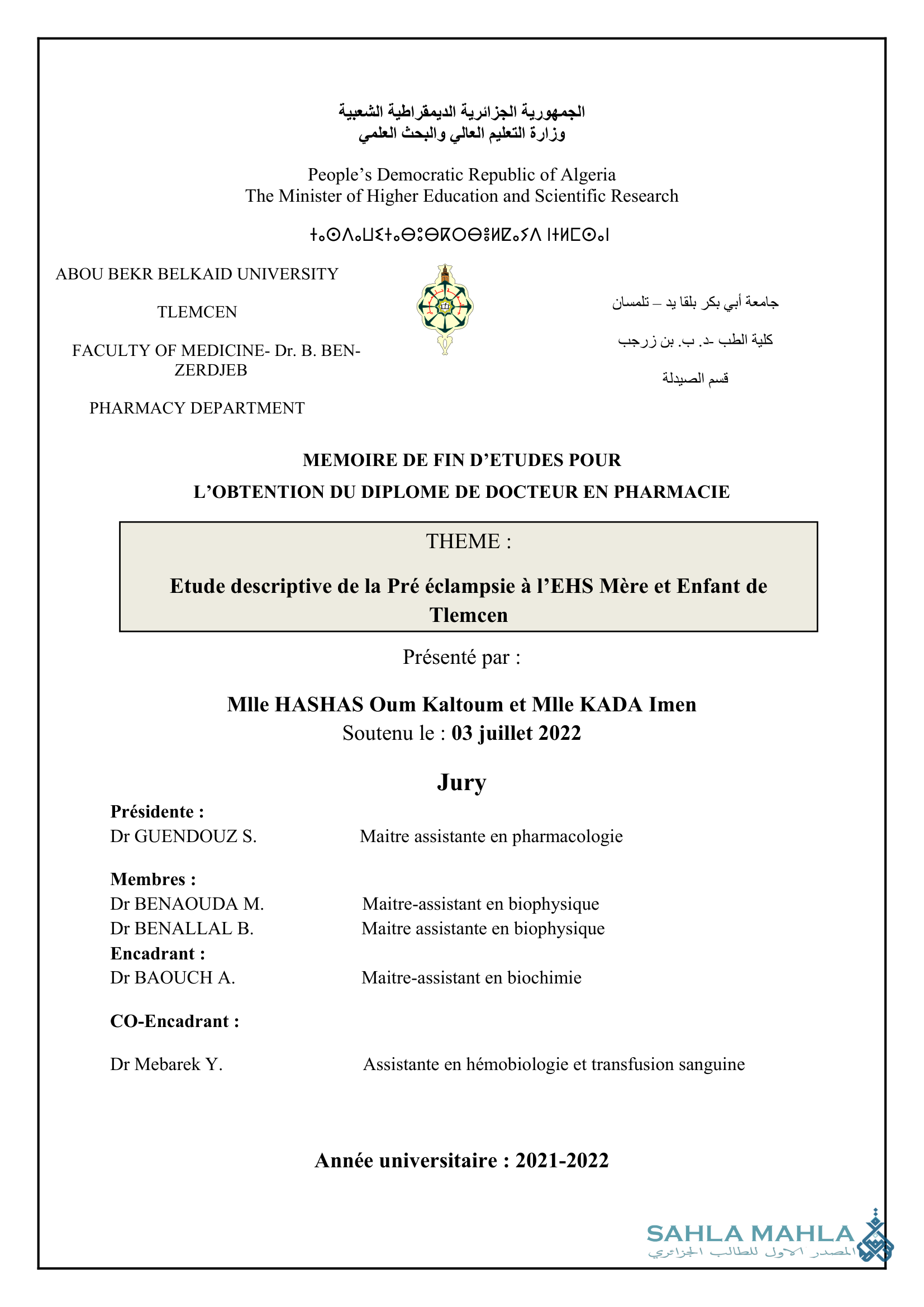 Etude descriptive de la Pré éclampsie à l'EHS Mère et Enfant de Tlemcen