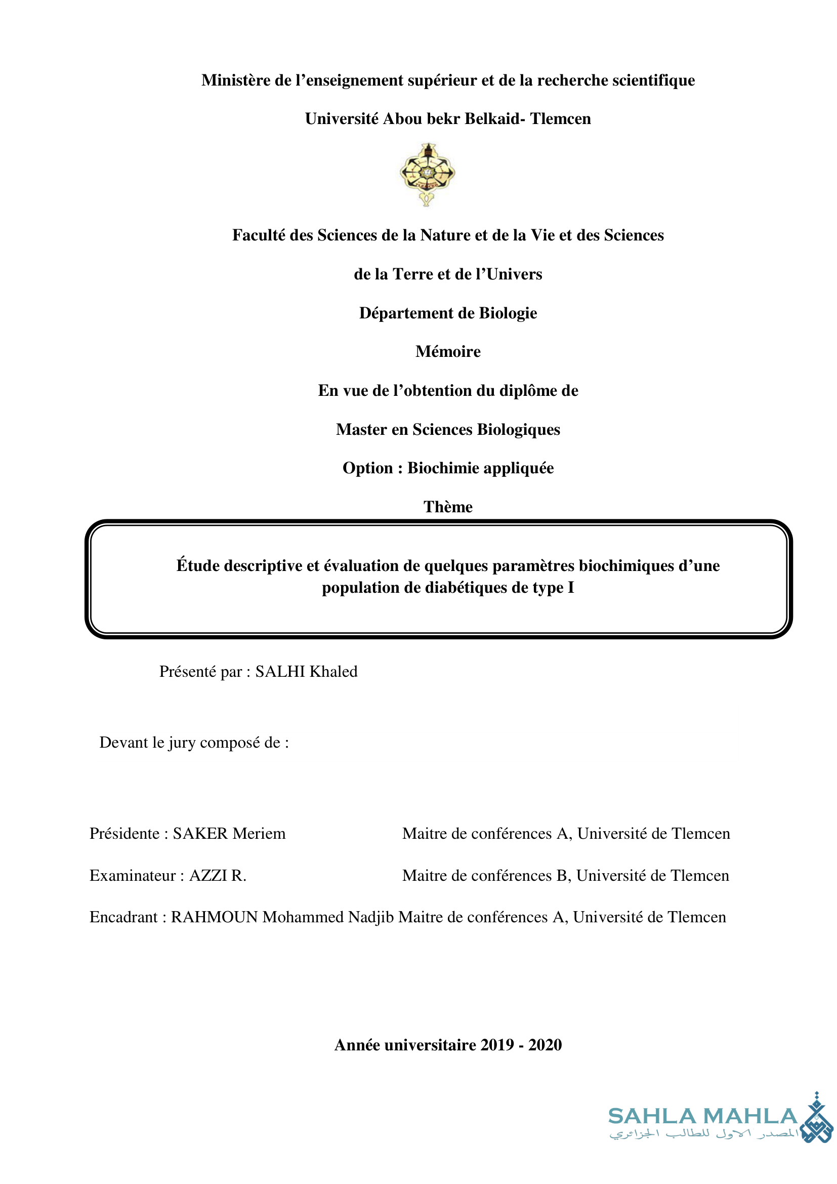 Étude descriptive et évaluation de quelques paramètres biochimiques d'une population de diabétiques de type I