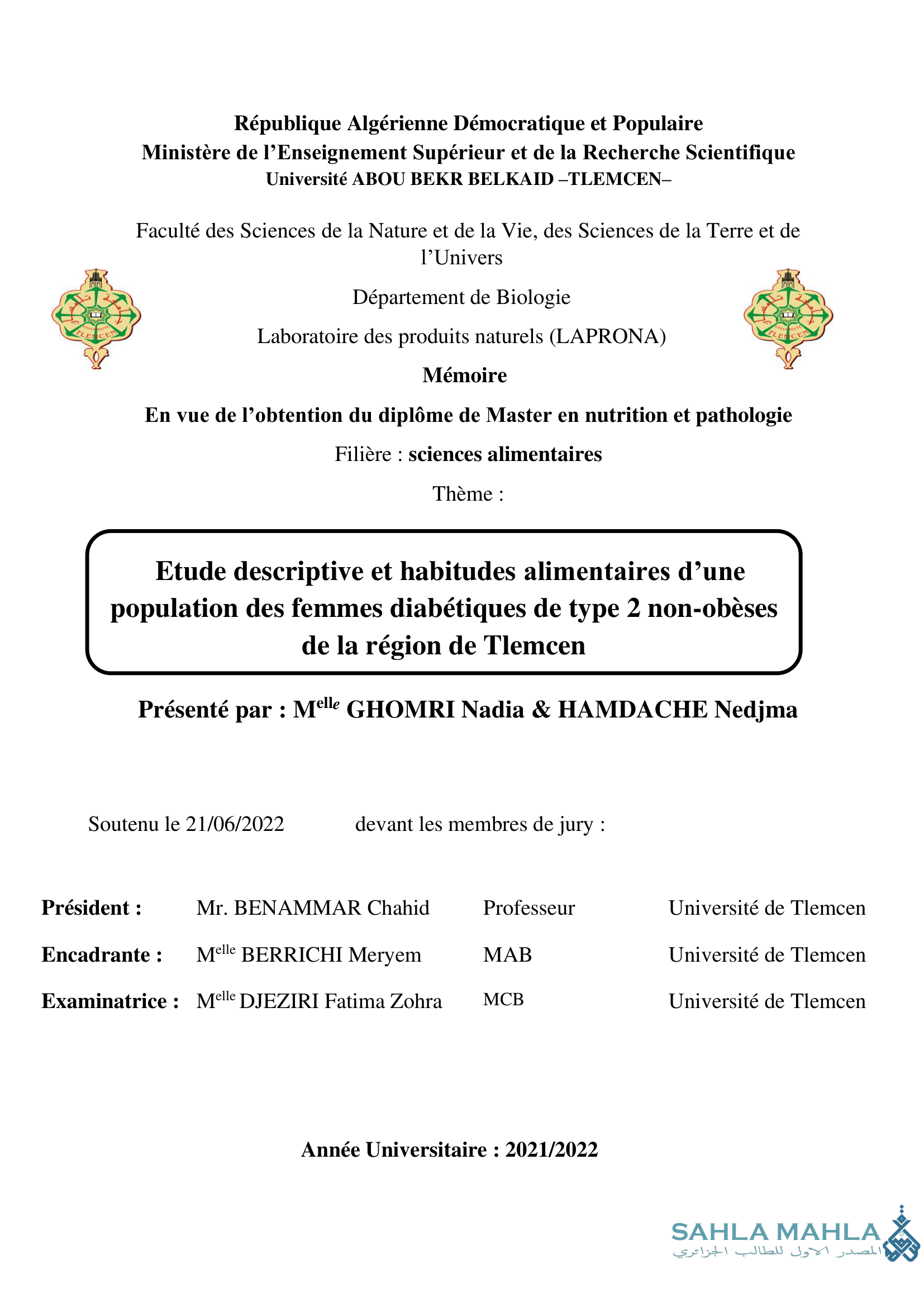 Etude descriptive et habitudes alimentaires d'une population des femmes diabétiques de type 2 non-obèses de la région de Tlemcen