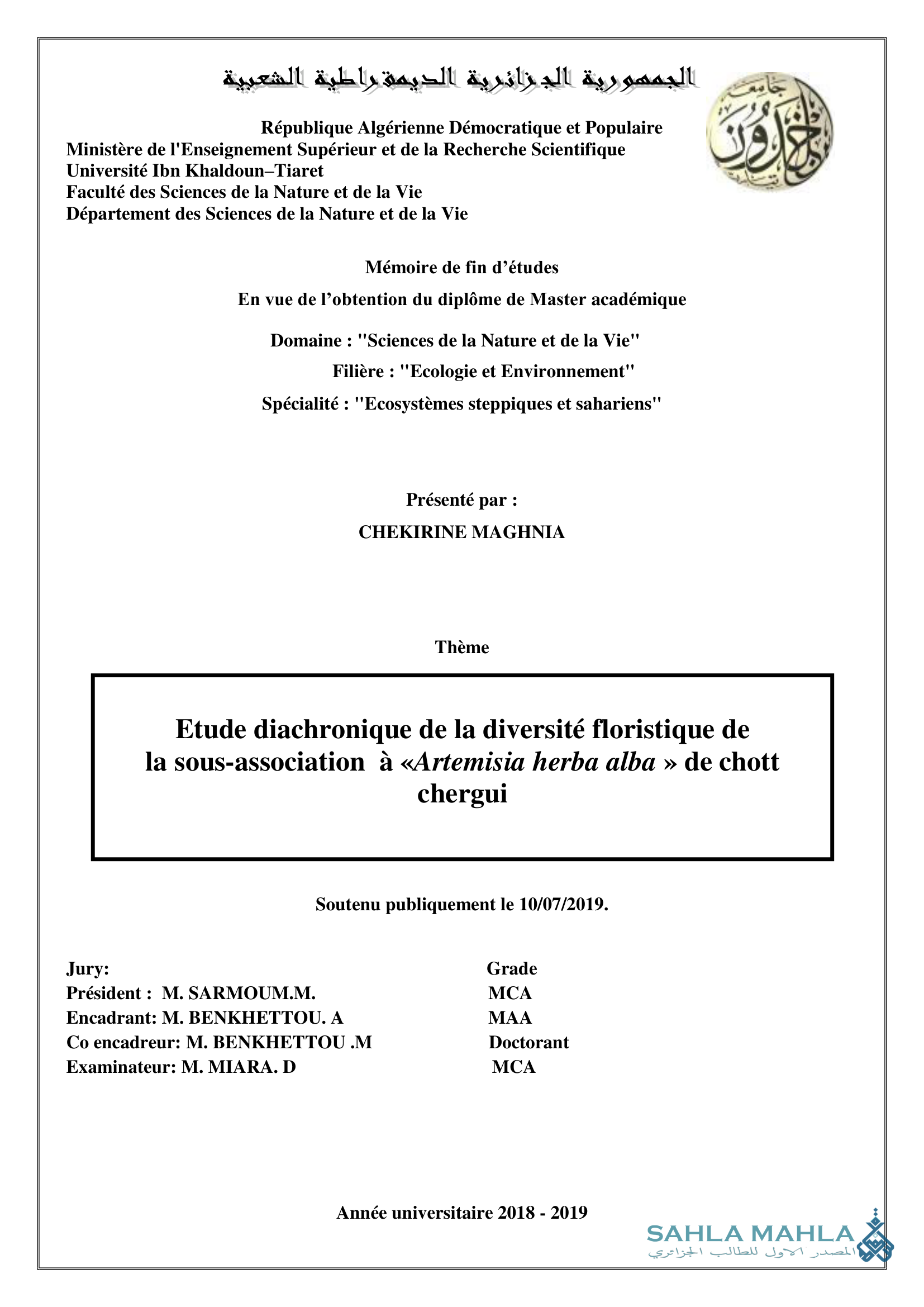 Etude diachronique de la diversité floristique de la sous-association à «Artemisia herba alba » de chott chergui