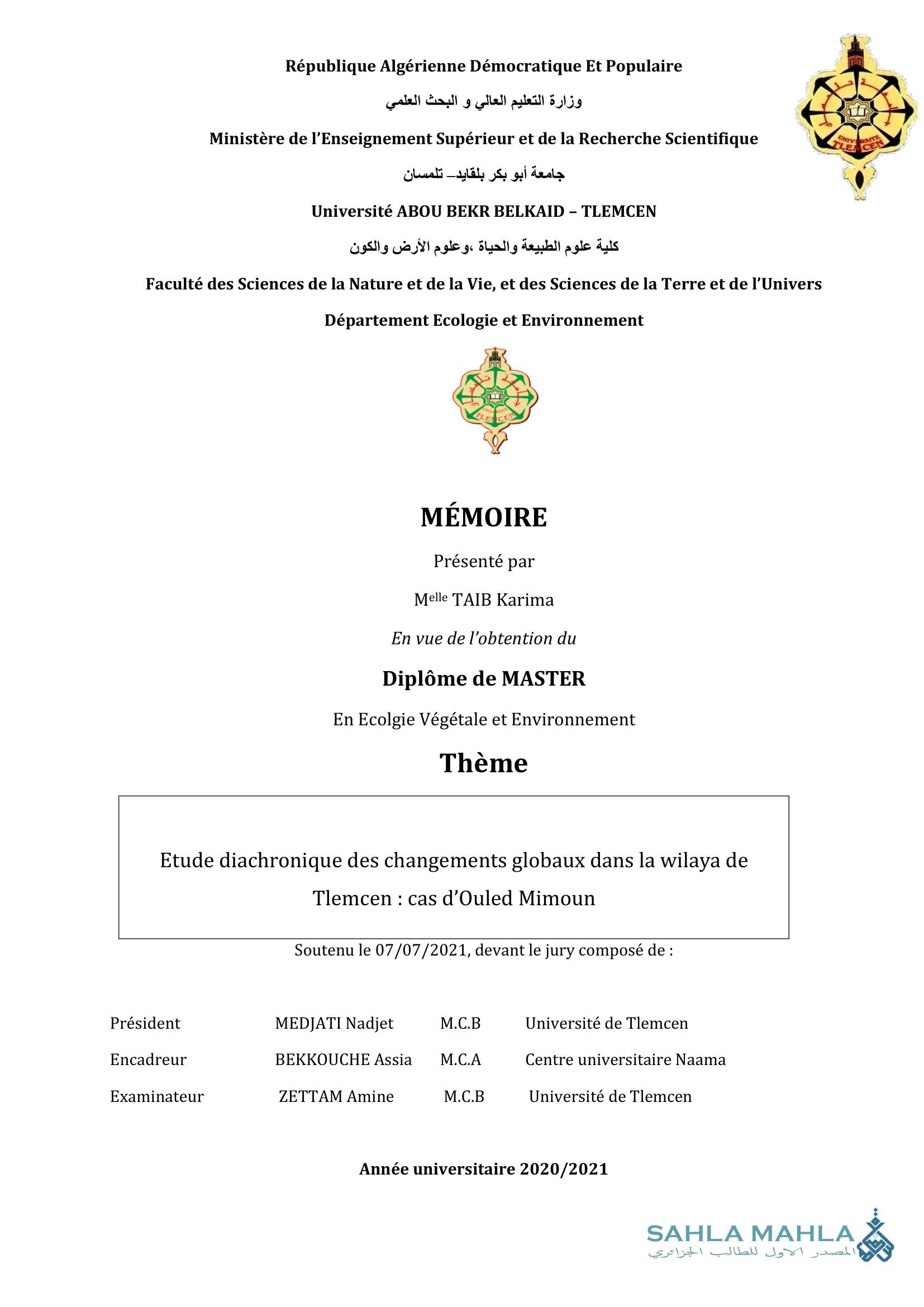 Etude diachronique des changements globaux dans la wilaya de Tlemcen: cas d'Ouled Mimoun