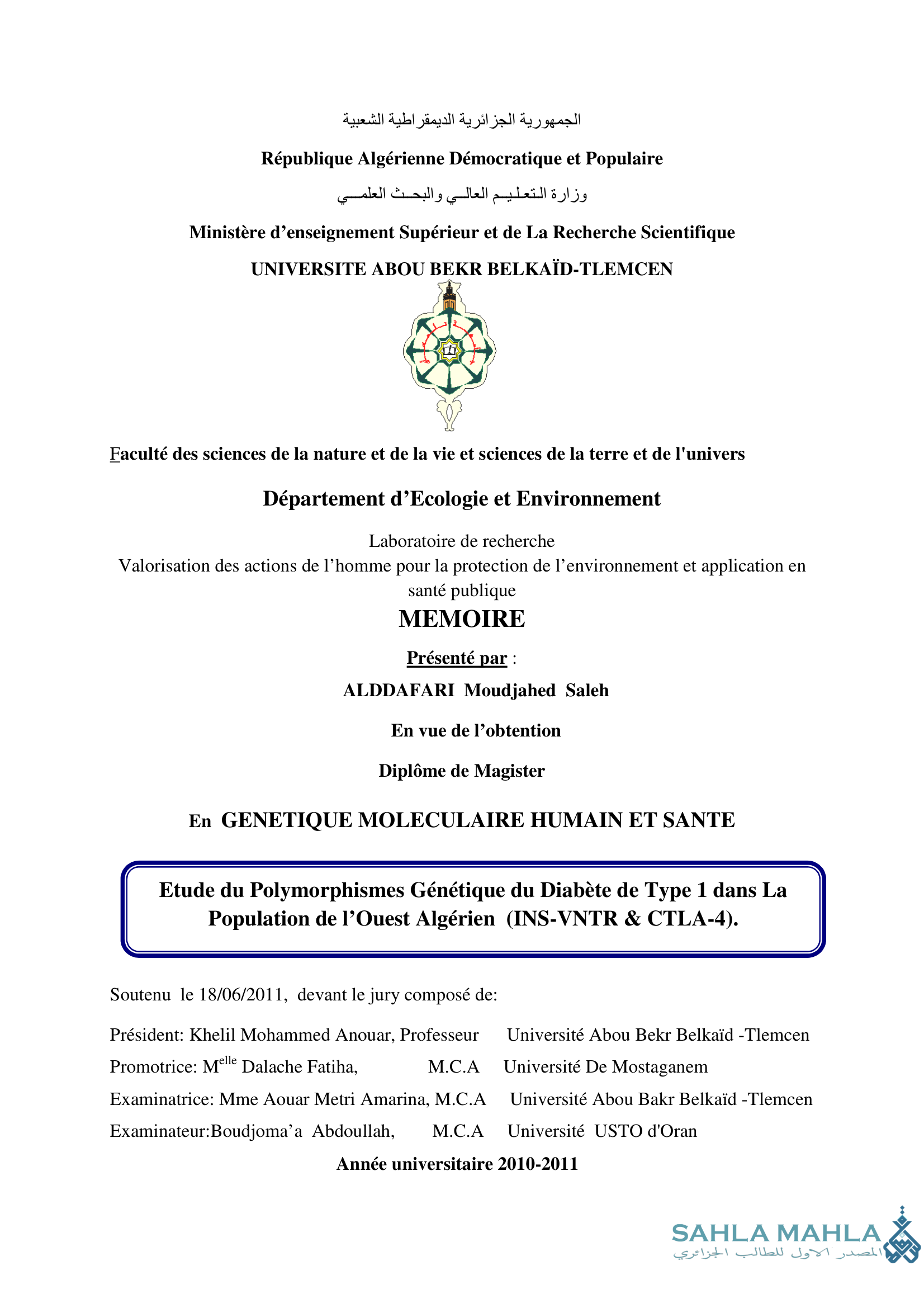 Etude du Polymorphismes Génétique du Diabète de Type 1 dans La Population de l'Ouest Algérien (INS-VNTR & CTLA-4).