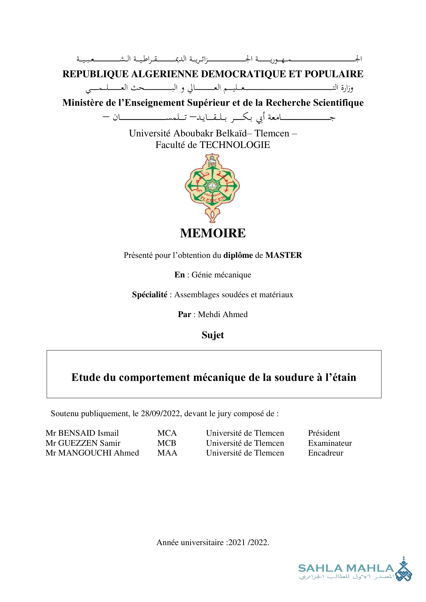 Etude du comportement mécanique de la soudure à l'étain