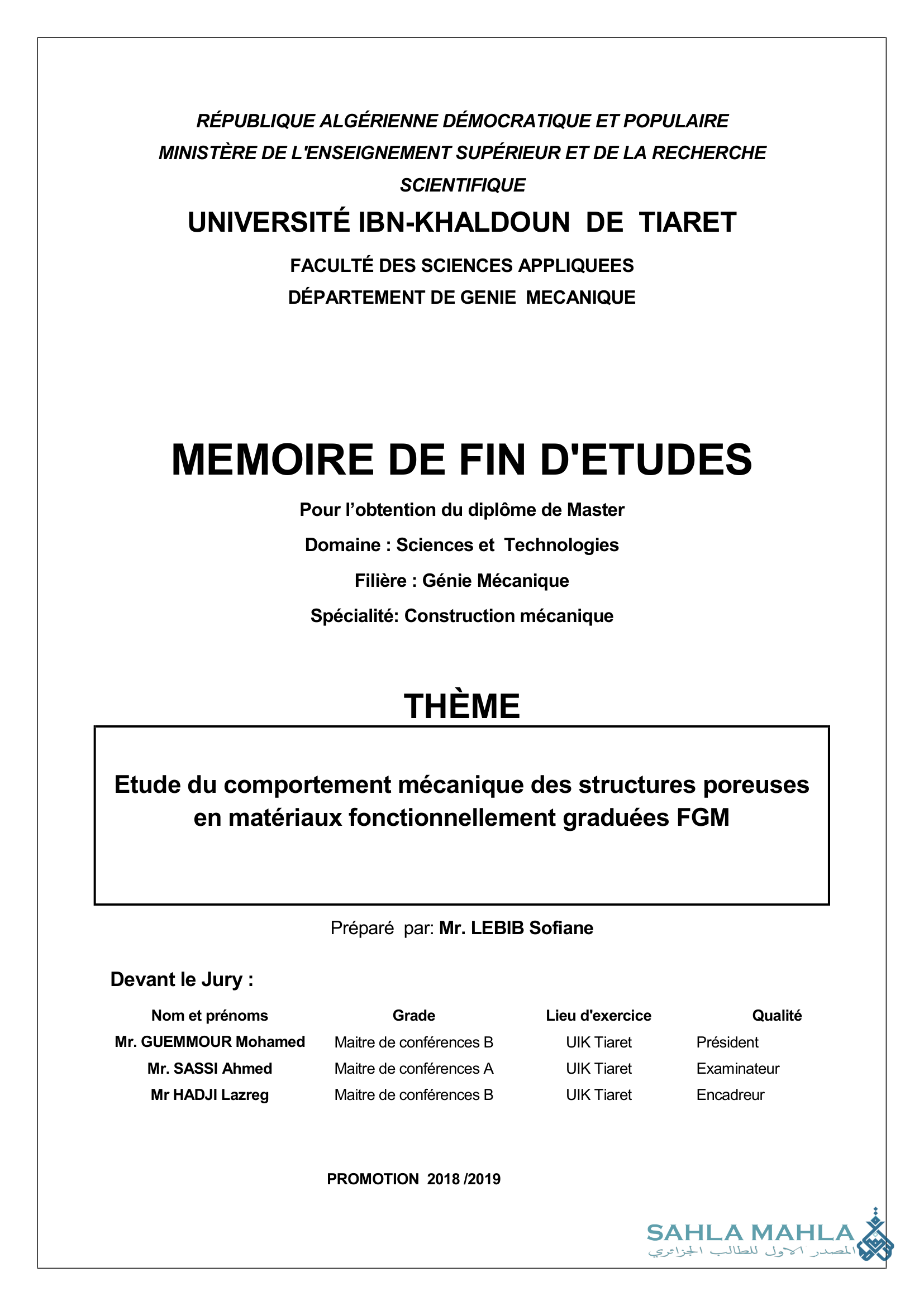 Etude du comportement mécanique des structures poreuses en matériaux fonctionnellement graduées FGM