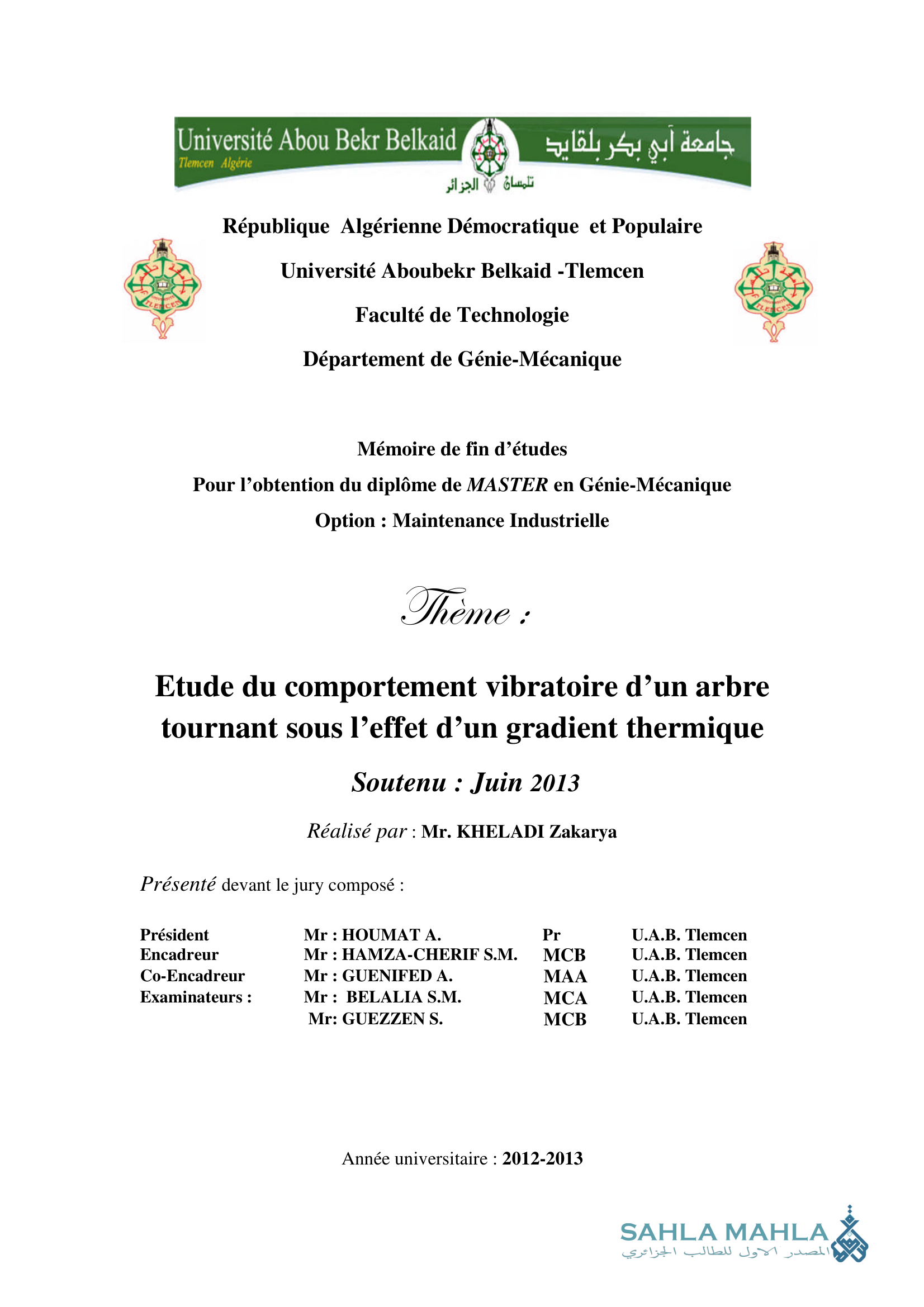 Etude du comportement vibratoire d'un arbre tournant sous l'effet d'un gradient thermique