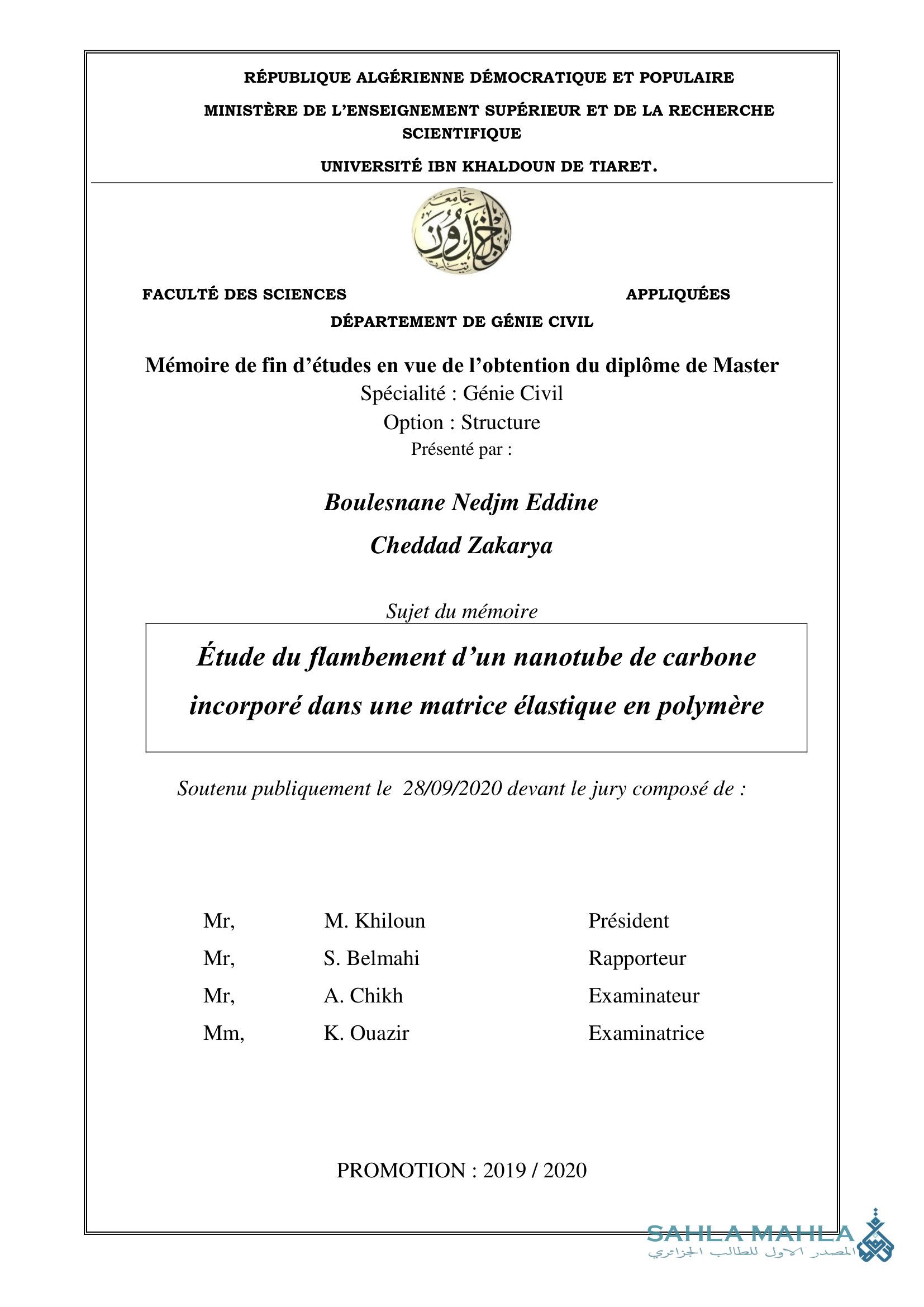Étude du flambement d'un nanotube de carbone incorporé dans une matrice élastique en polymère