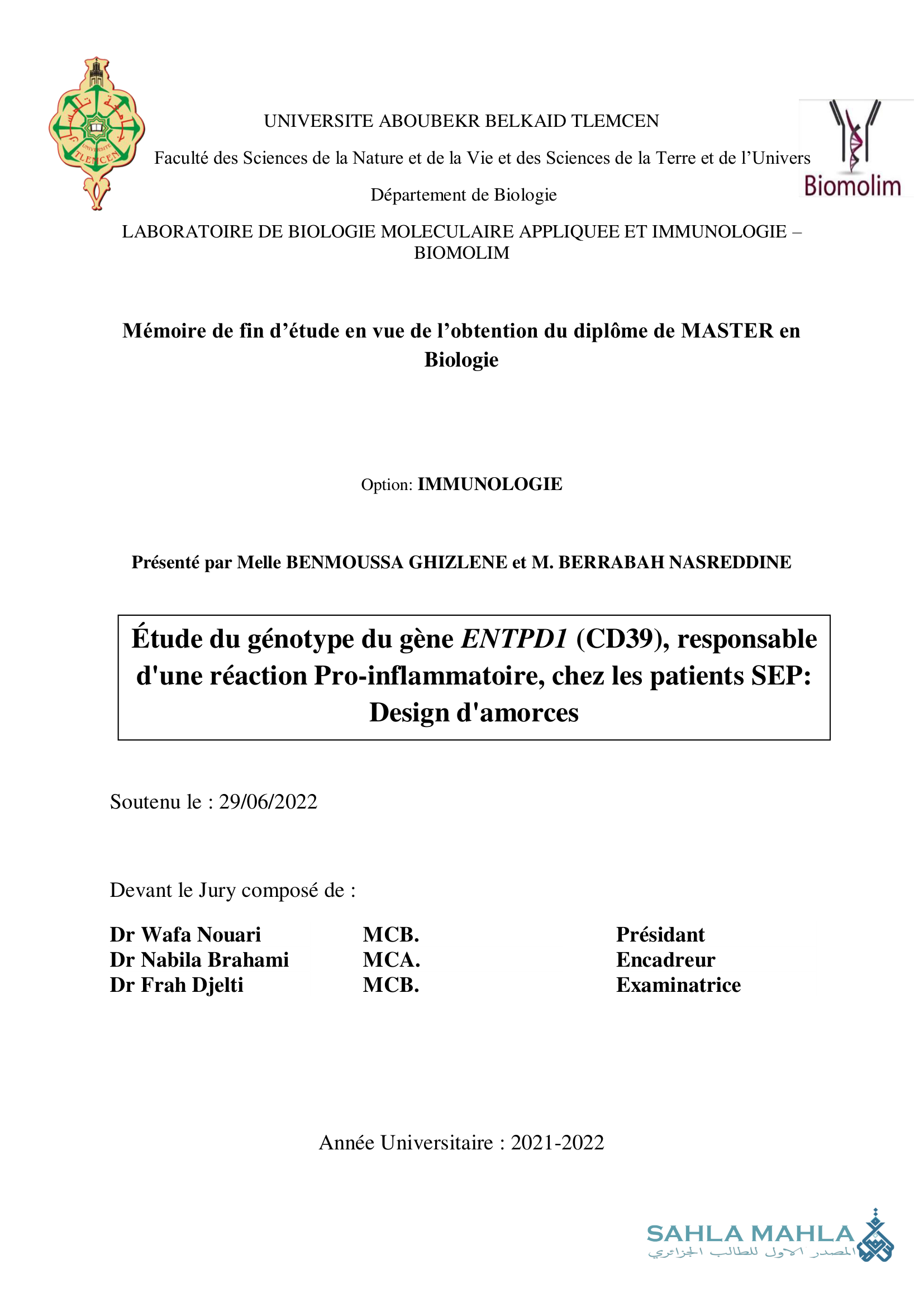 Etude du génotype du gène ENTPD1 (CD39), responsable d'une réaction Pro-inflammatoire, chez les patients SEP: Design d'amorces