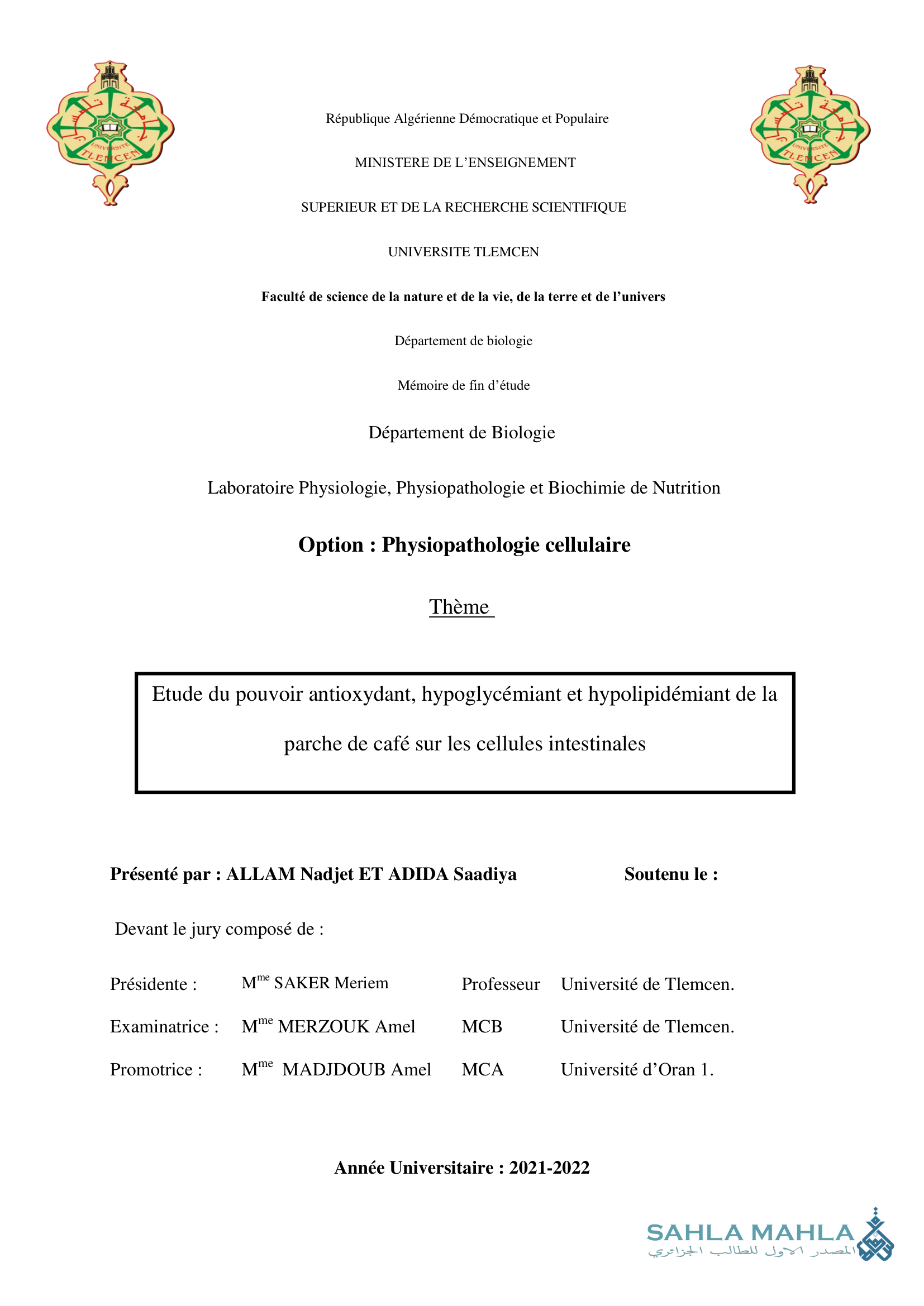 Etude du pouvoir antioxydant, hypoglycémiant et hypolipidémiant de la parche de café sur les cellules intestinales
