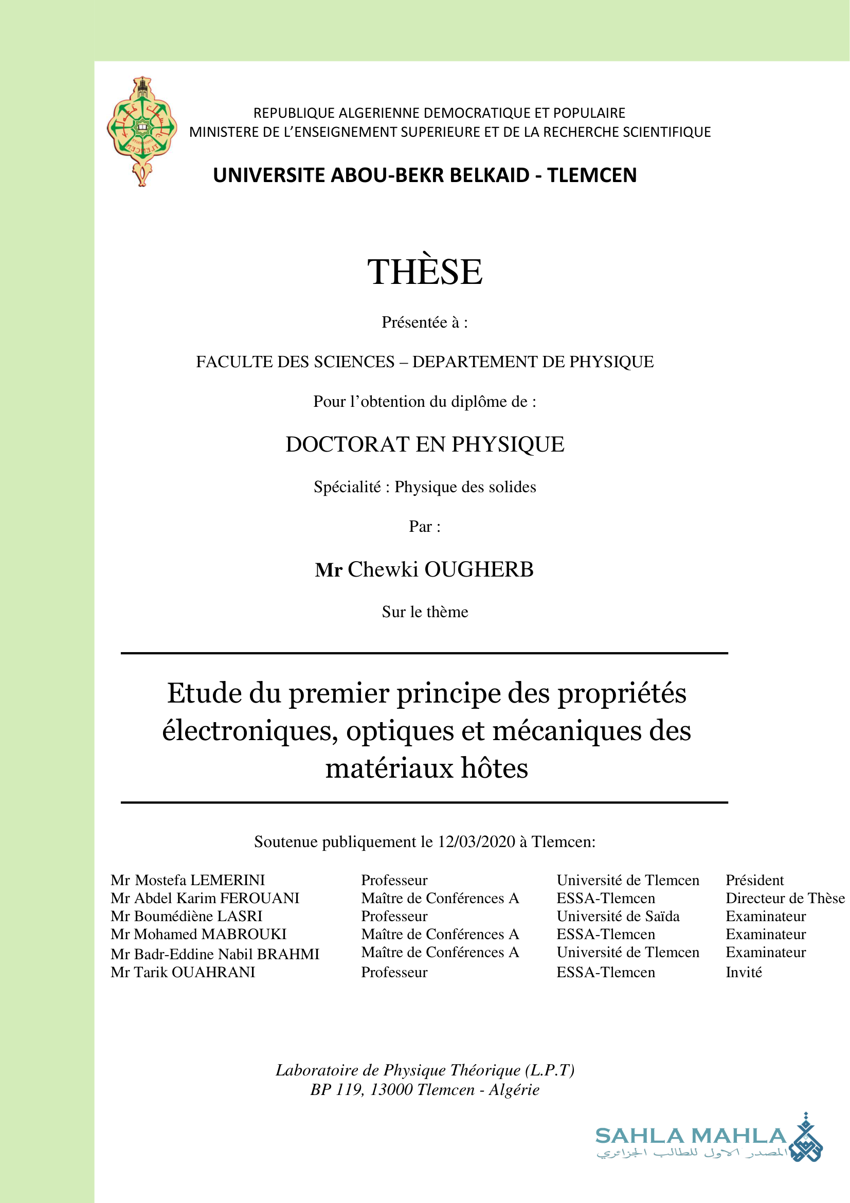 Etude du premier principe des propriétés électroniques, optiques et mécaniques des matériaux hôtes