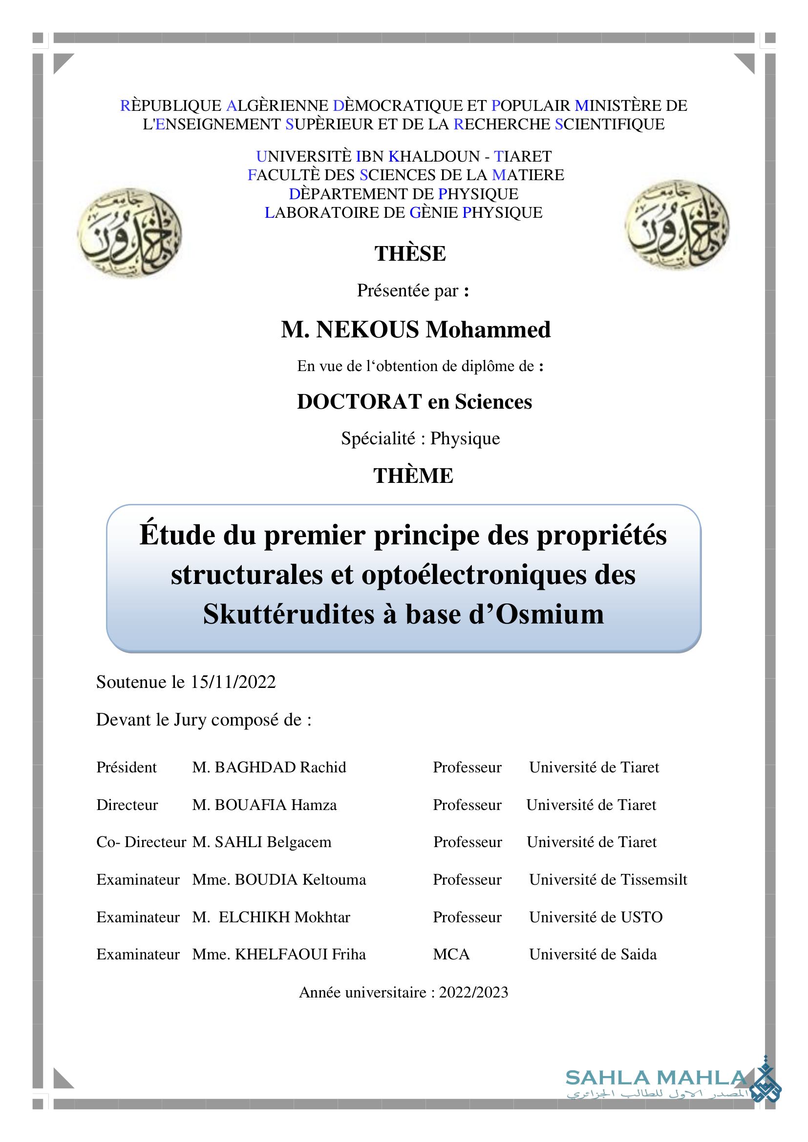 Étude du premier principe des propriétés structurales et optoélectroniques des Skuttérudites à base d'Osmium