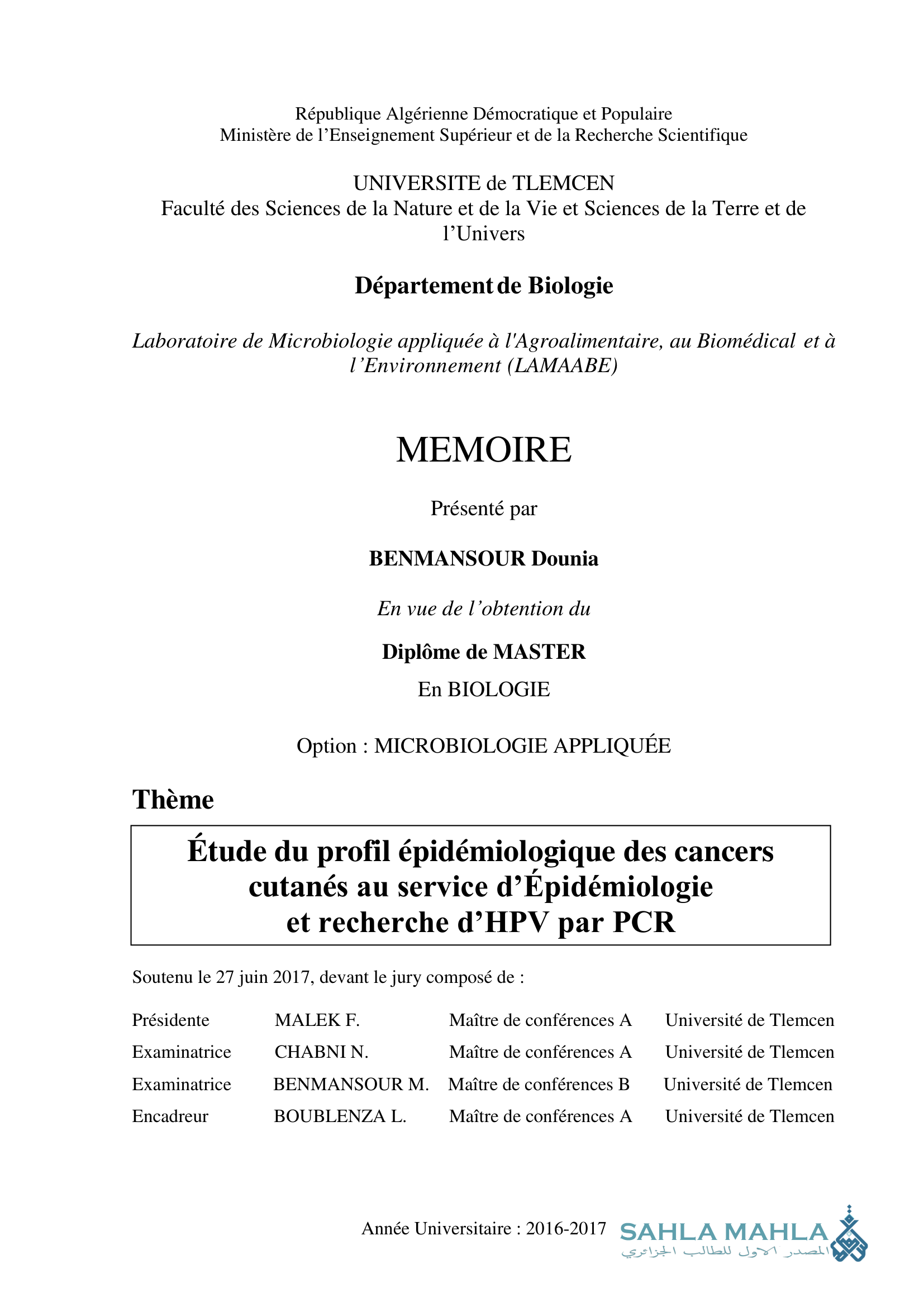 Étude du profil épidémiologique des cancers cutanés au service d'Épidémiologie et recherche d'HPV par PCR
