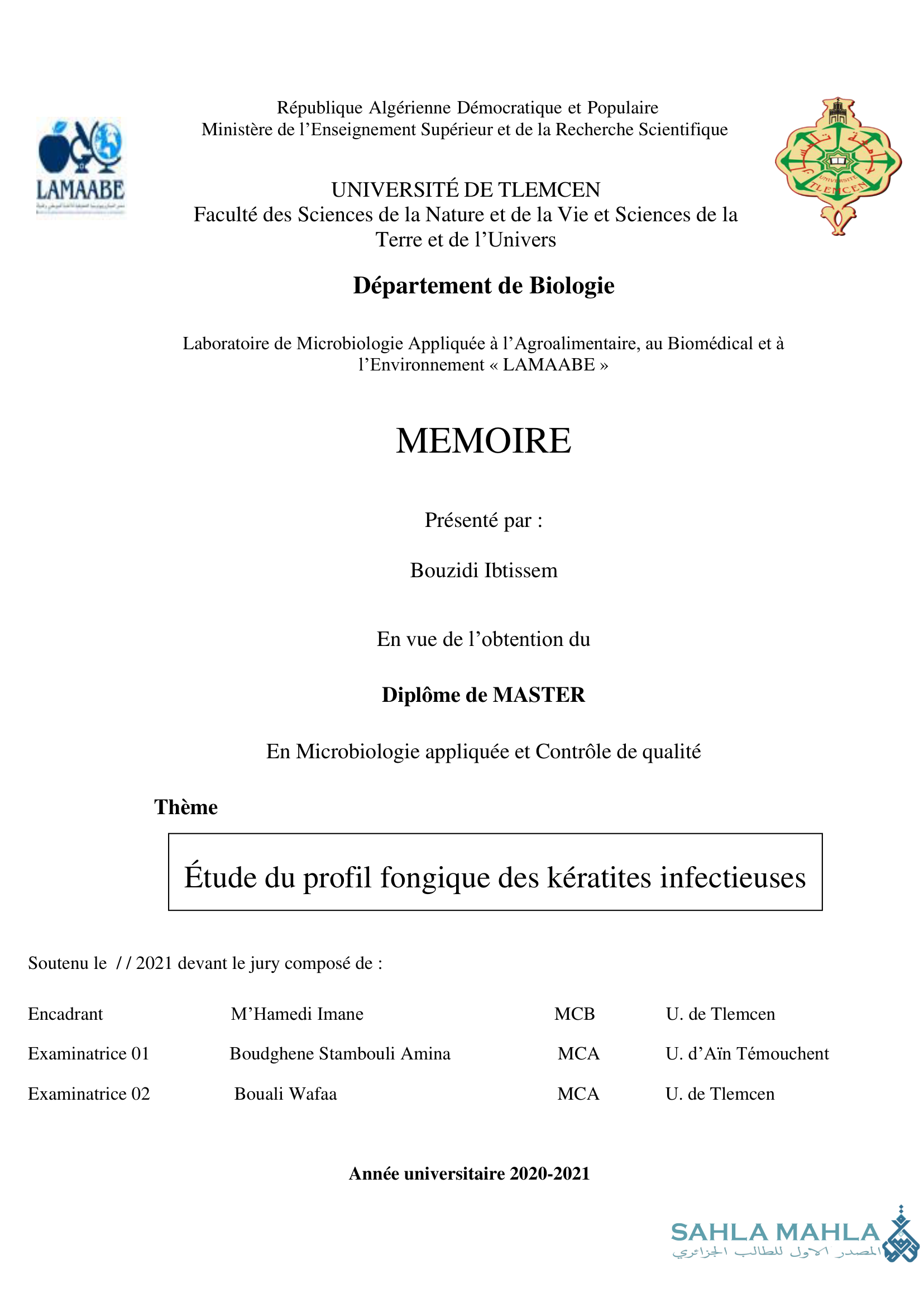 Étude du profil fongique des kératites infectieuses