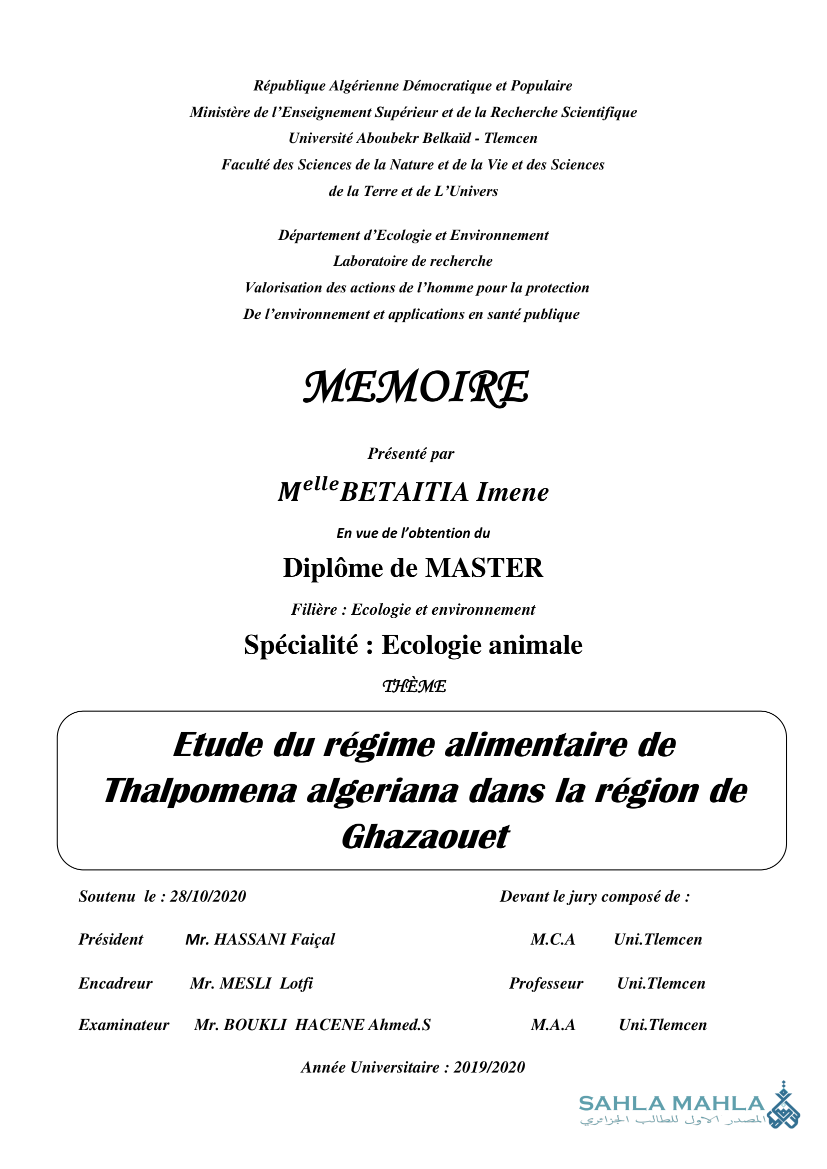 Etude du régime alimentaire de Thalpomena algeriana dans la région de Ghazaouet