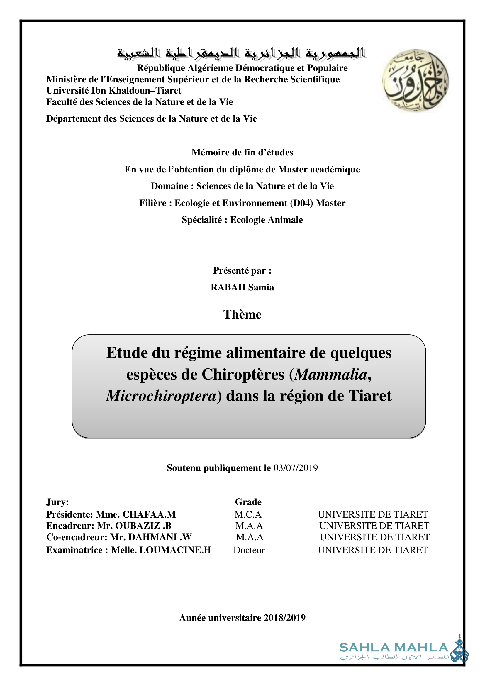 Etude du régime alimentaire de quelques espèces de Chiroptères (Mammalia, Microchiroptera) dans la région de Tiaret