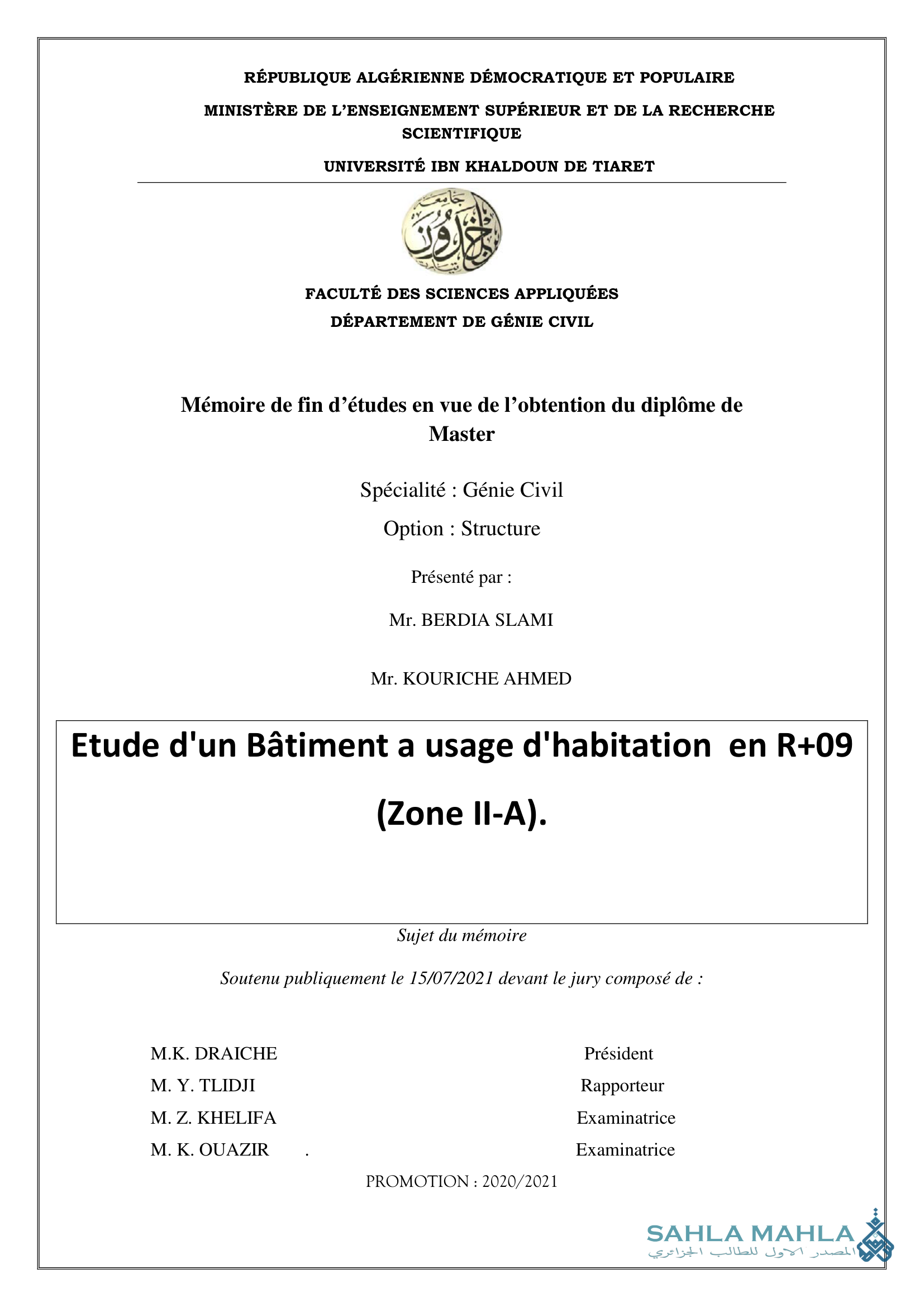 Etude d'un Bâtiment a usage d'habitation en R+09 (Zone II-A)