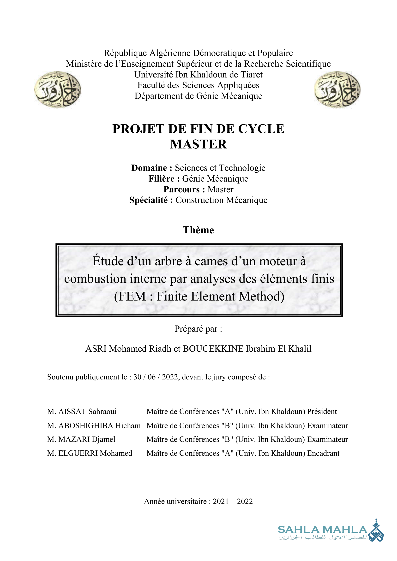 Étude d'un arbre à cames d'un moteur à combustion interne par analyses des éléments finis (FEM: Finite Element Method)