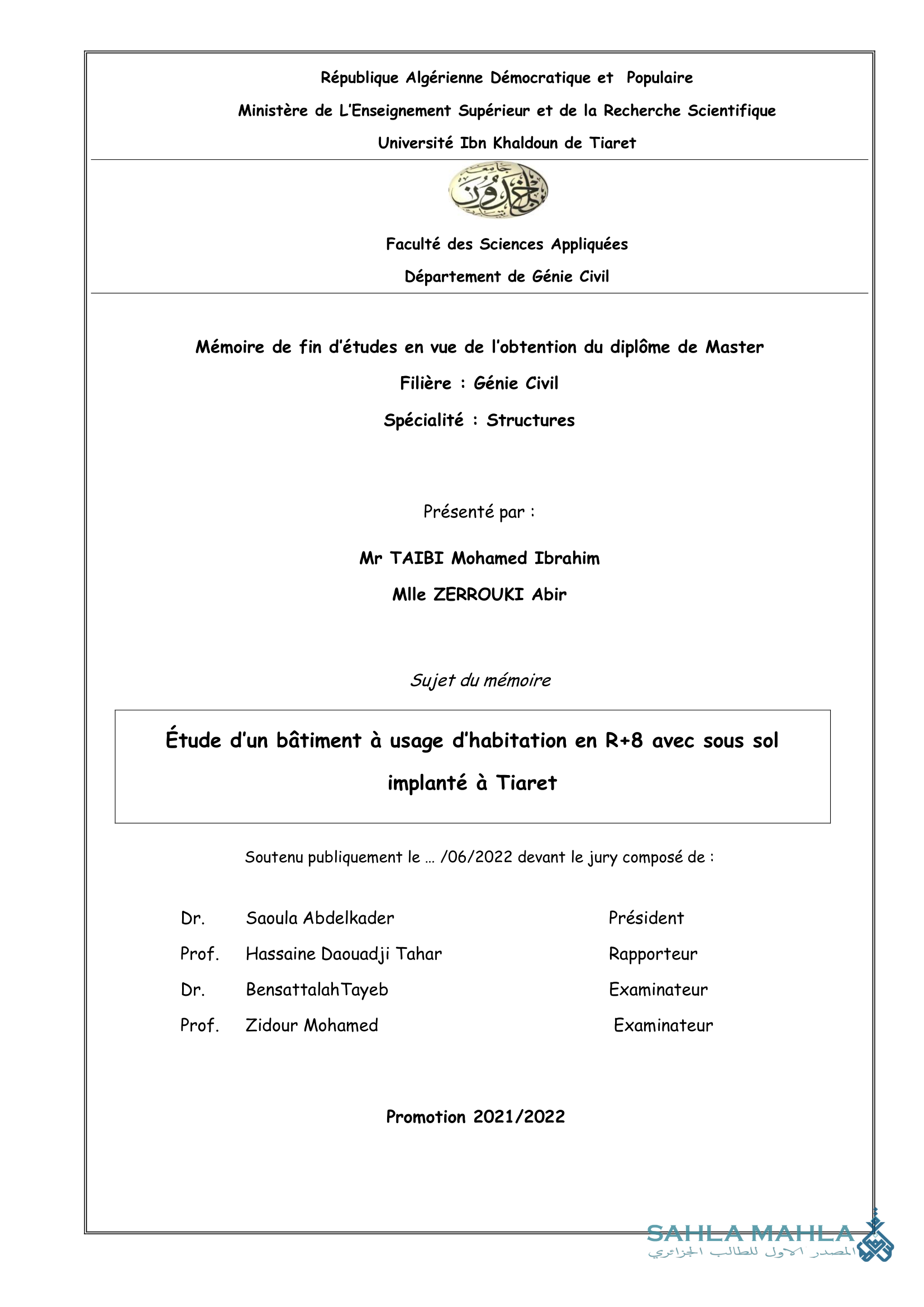 Étude d'un bâtiment à usage d'habitation en R+8 avec sous sol implanté à Tiaret