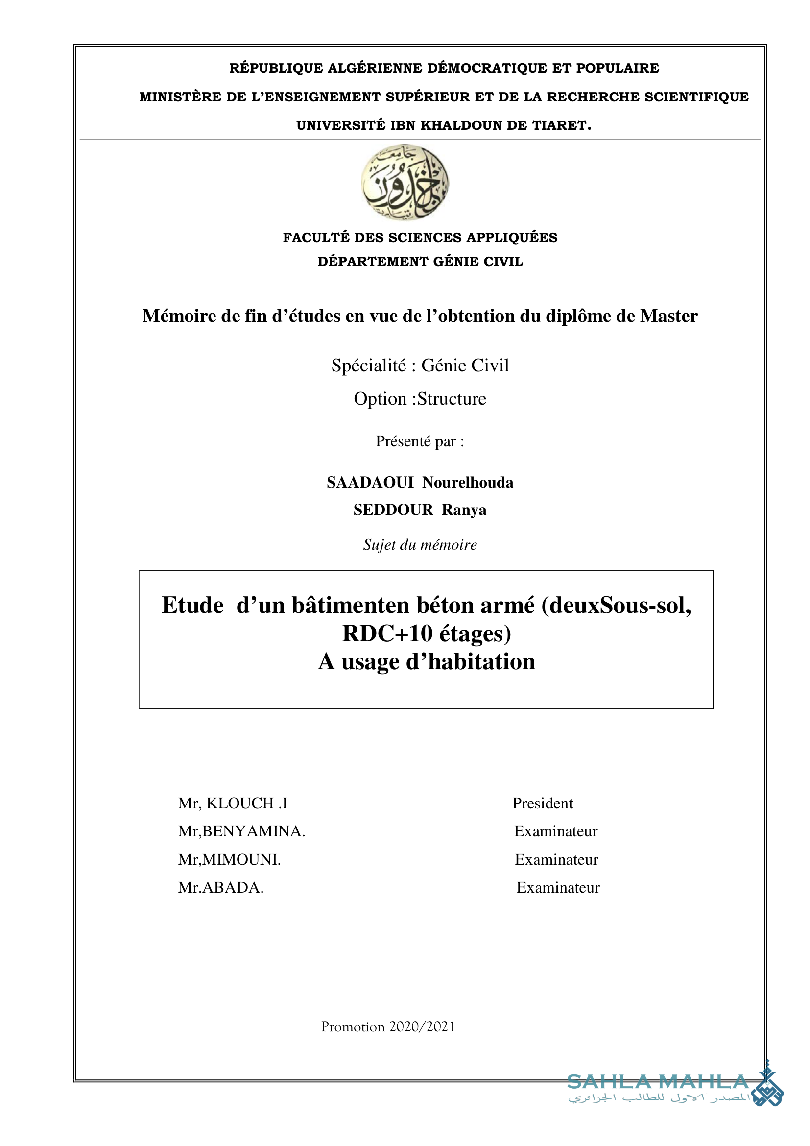 Etude d'un bâtiment en béton armé (deuxSous-sol, RDC+10 étages) A usage d'habitation