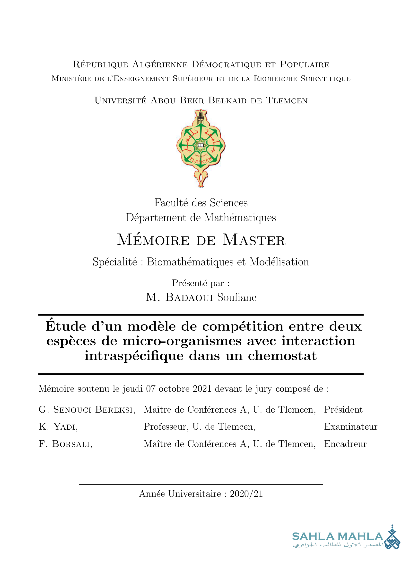 Étude d'un modèle de compétition entre deux espèces de micro-organismes avec interaction intraspécifique dans un chemostat