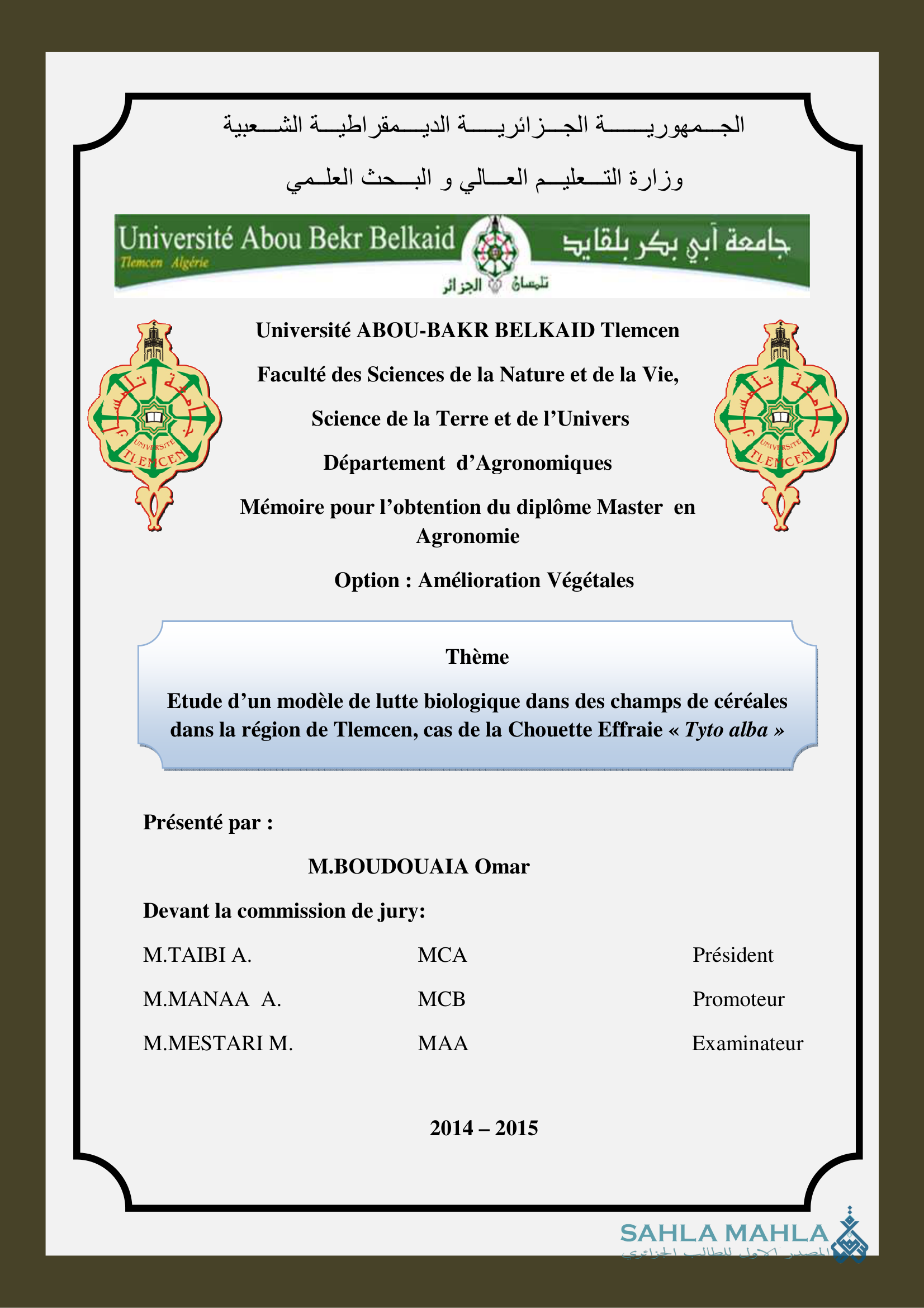 Etude d'un modèle de lutte biologique dans des champs de céréales dans la région de Tlemcen, cas de la Chouette Effraie « Tyto alba »