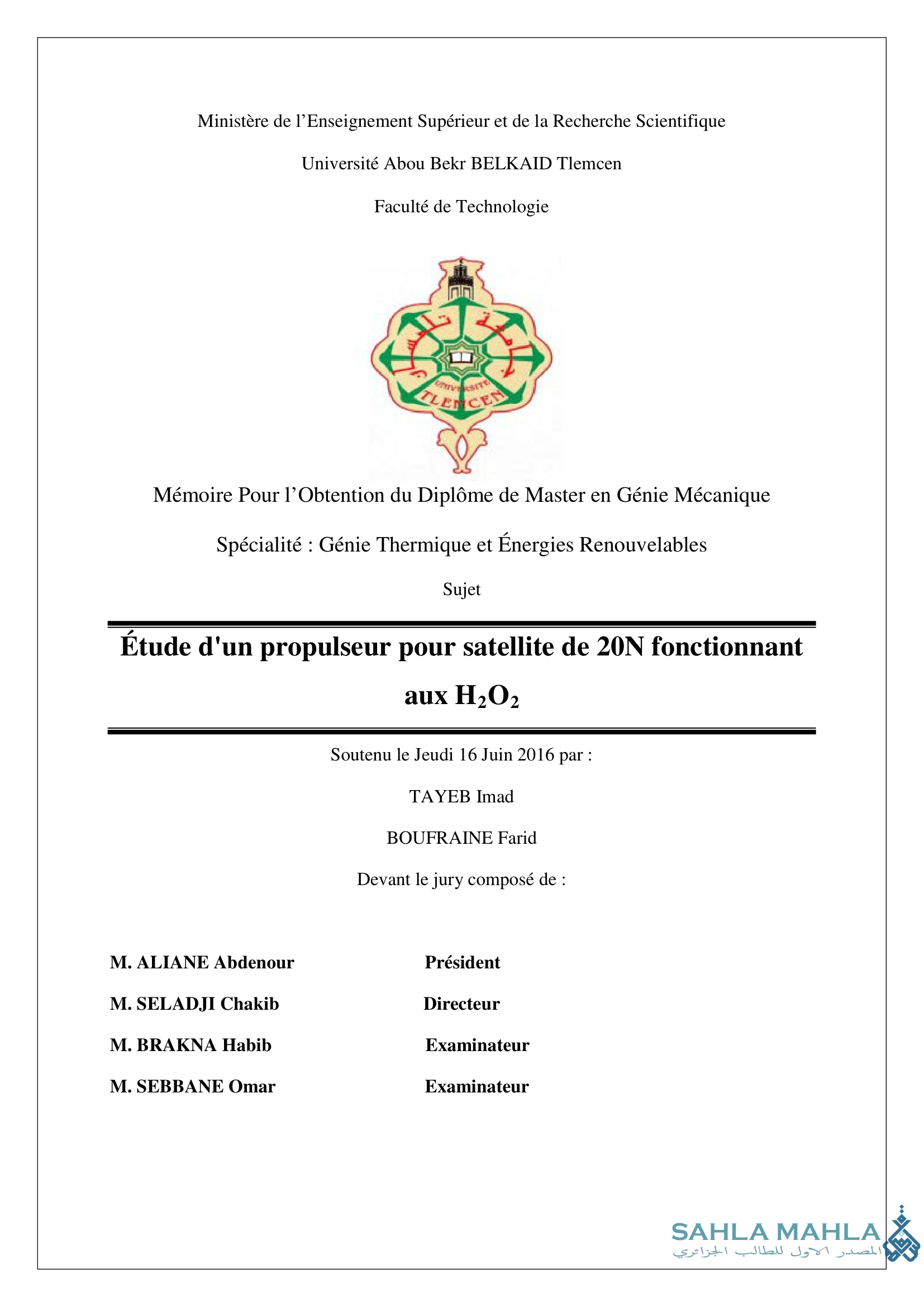 Étude d'un propulseur pour satellite de 20N fonctionnant aux H2O2
