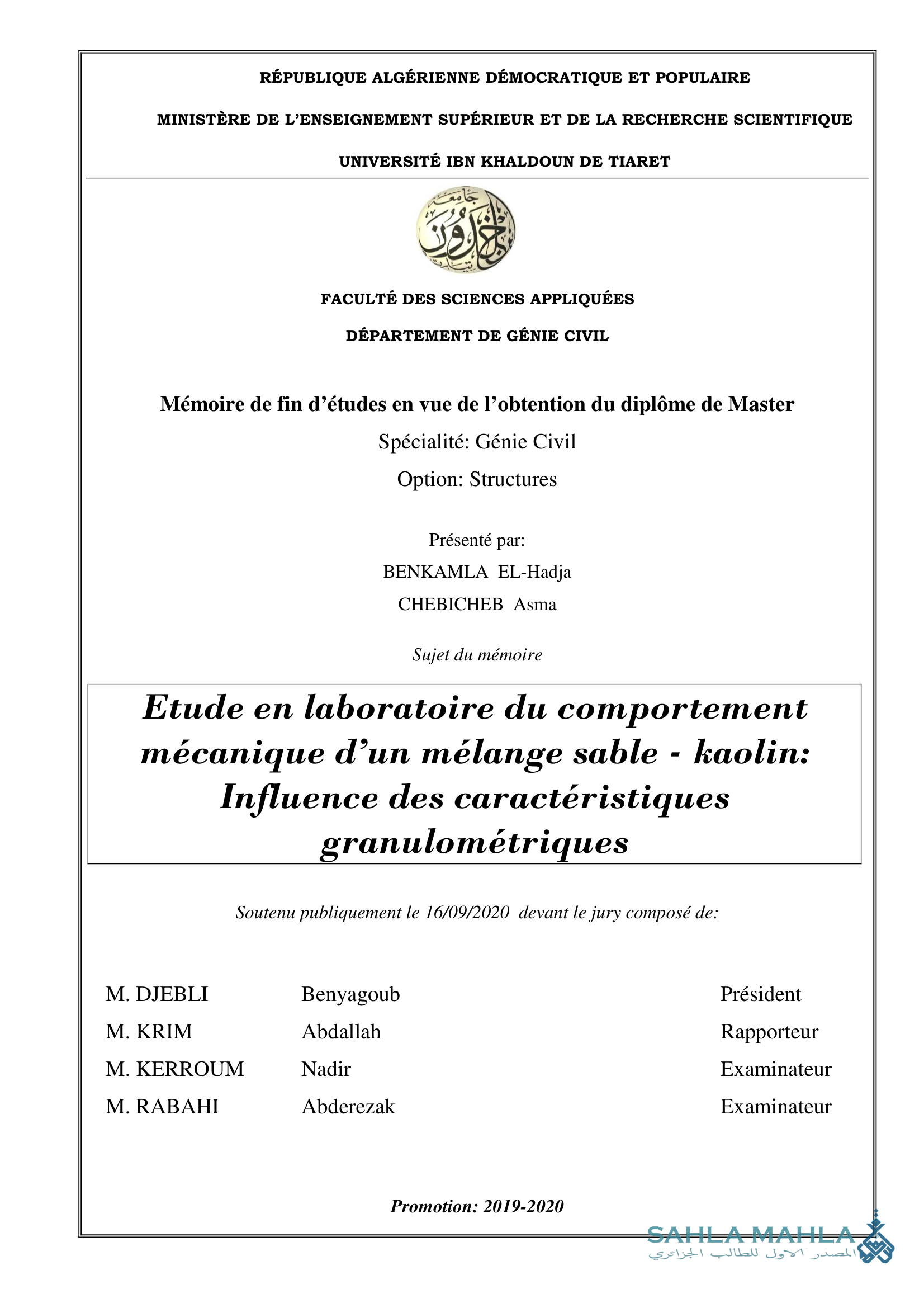 Etude en laboratoire du comportement mécanique d'un mélange sable - kaolin: Influence des caractéristiques granulométriques