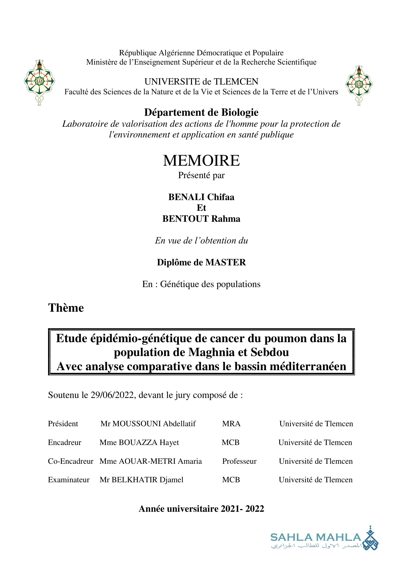 Etude épidémio-génétique de cancer du poumon dans la population de Maghnia et Sebdou Avec analyse comparative dans le bassin méditerranéen