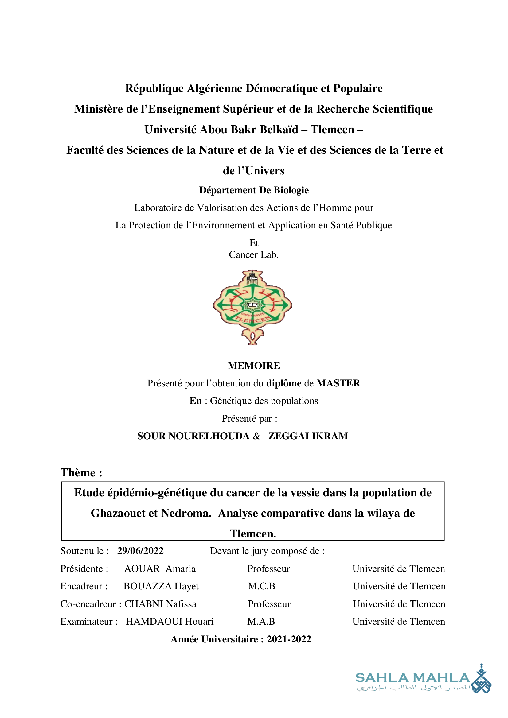 Etude épidémio-génétique du cancer de la vessie dans la population de Ghazaouet et Nedroma. Analyse comparative.