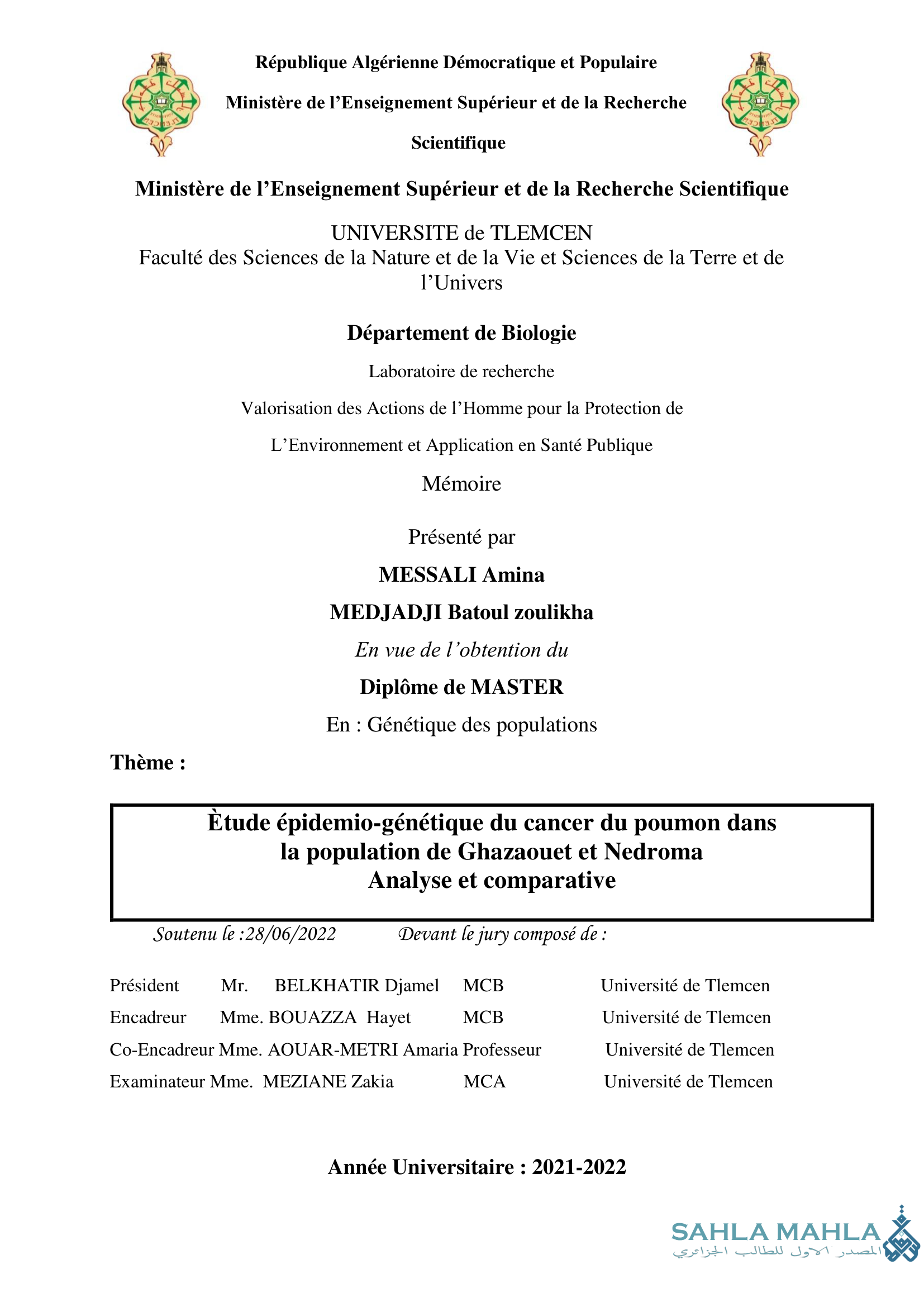 Ètude épidemio-génétique du cancer du poumon dans la population de Ghazaouet et Nedroma Analyse et comparative