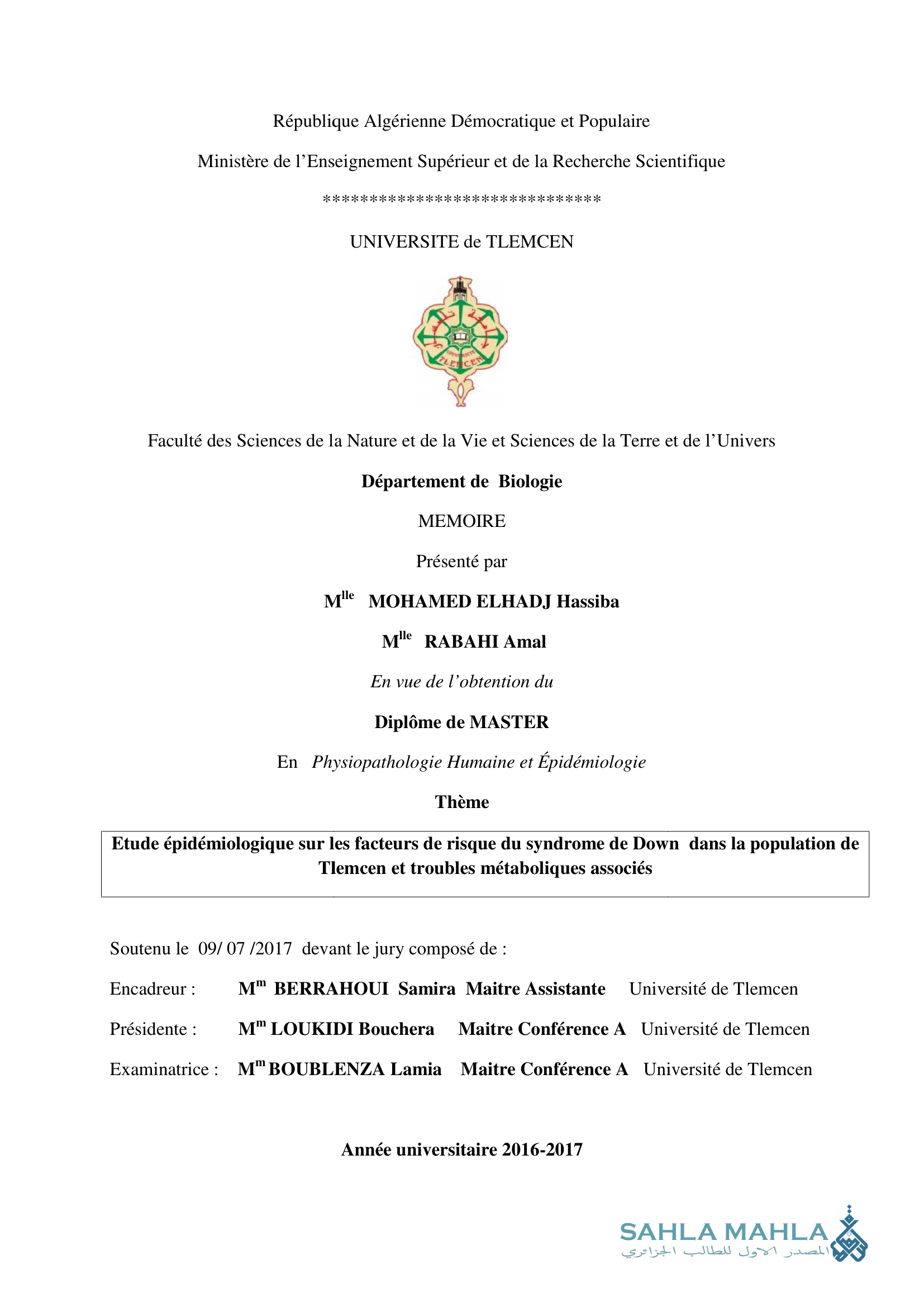 Etude épidémiologique sur les facteurs de risque du syndrome de Down dans la population de Tlemcen et troubles métaboliques associés