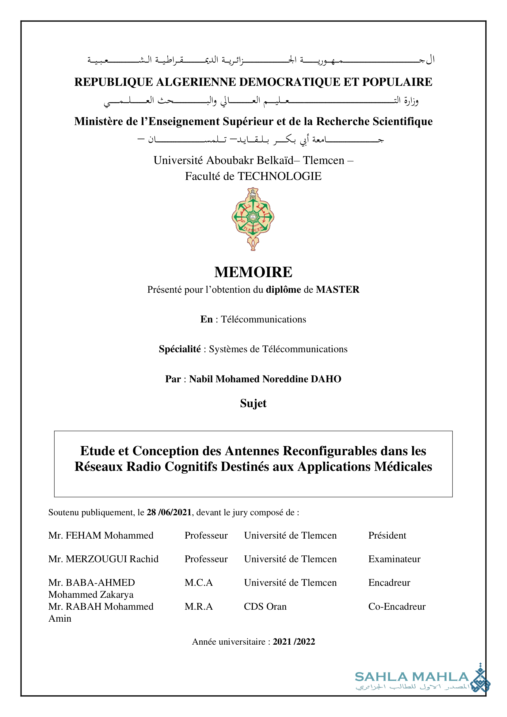 Etude et Conception des Antennes Reconfigurables dans les Réseaux Radio Cognitifs Destinés aux Applications Médicales