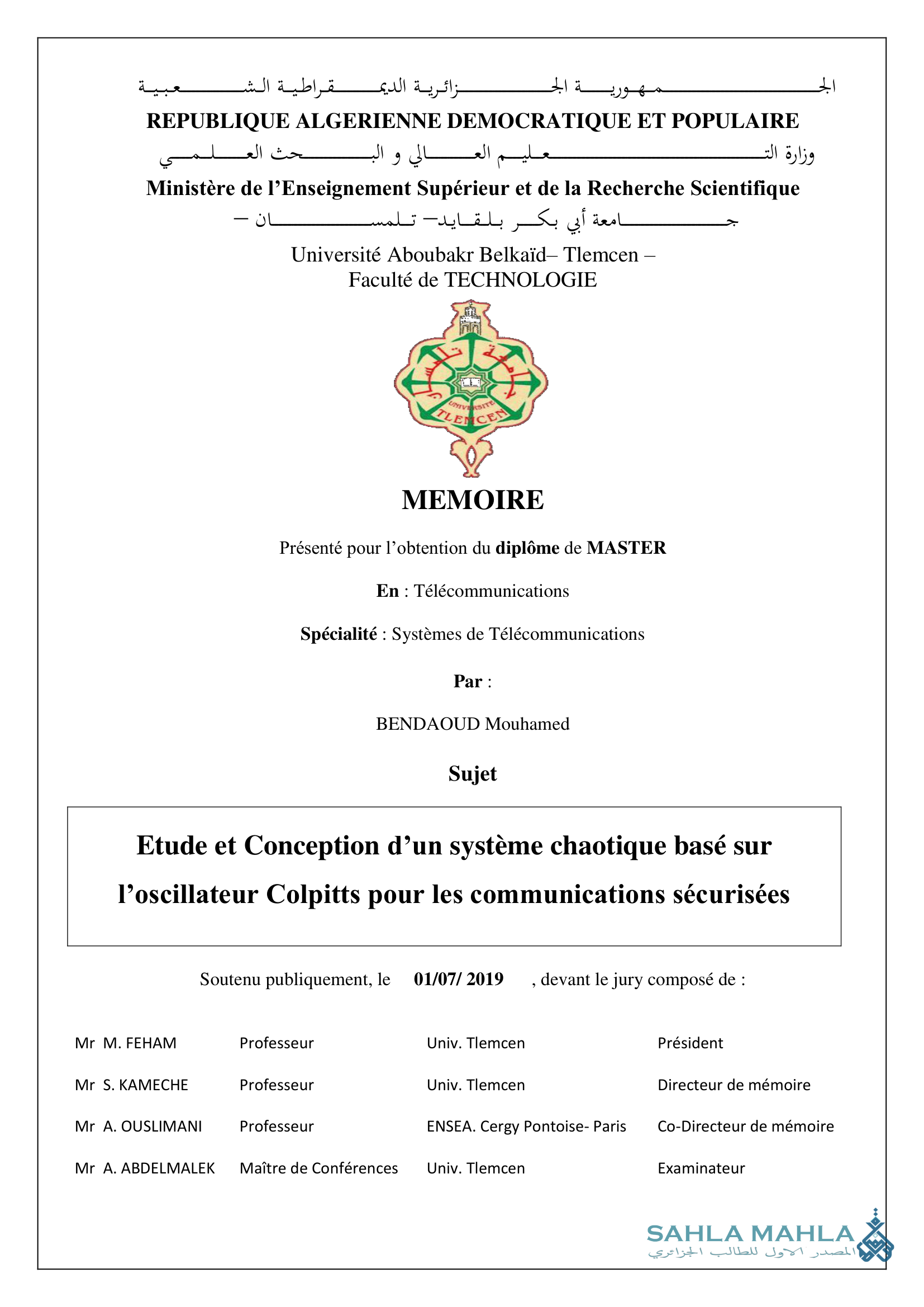 Etude et Conception d'un système chaotique basé sur l'oscillateur Colpitts pour les communications sécurisées